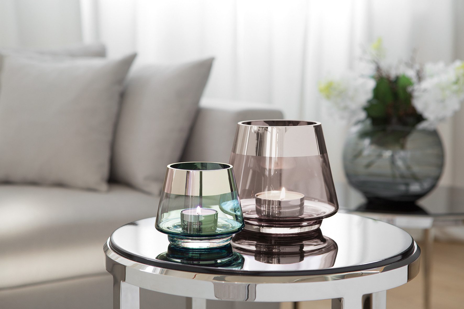 Fink Teelichthalter JONA Teelichthalter - H.13cm - Glas/Silberfolie - grau/silberfarben (Teelichtglas - Teelichtkerzenhalter), Windlicht Teelicht Kerzenhalter - Eleganter Kerzenleuchter für Zuhause