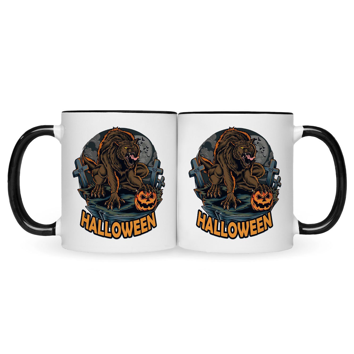 mit Geschenke Weiß - Halloween Motiv Schaurige - Schwarz Tasse GRAVURZEILE zu Design Werwolf