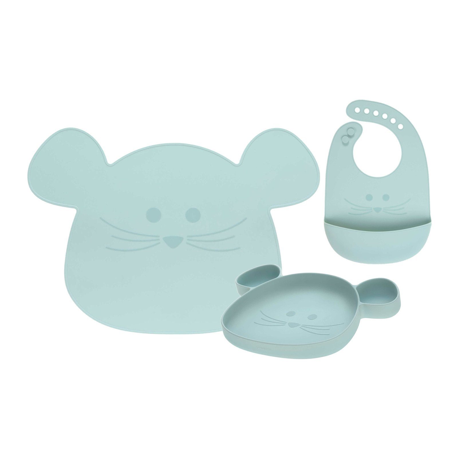 LÄSSIG Kindergeschirr-Set Little Chums Silikon Geschirrset mit Lätzchen (3-tlg), Silikon Maus blau