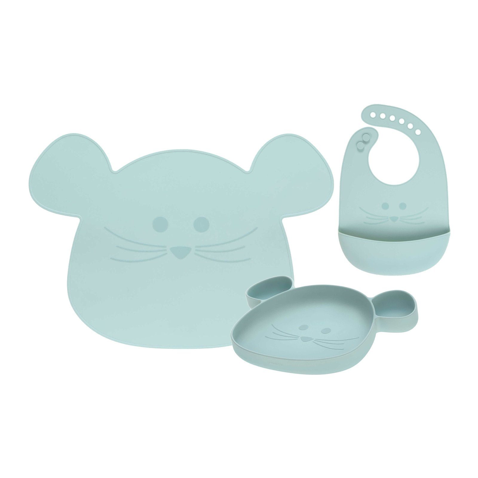 LÄSSIG Kindergeschirr-Set Little Chums Silikon (3-tlg), Lätzchen blau mit Geschirrset Silikon Maus