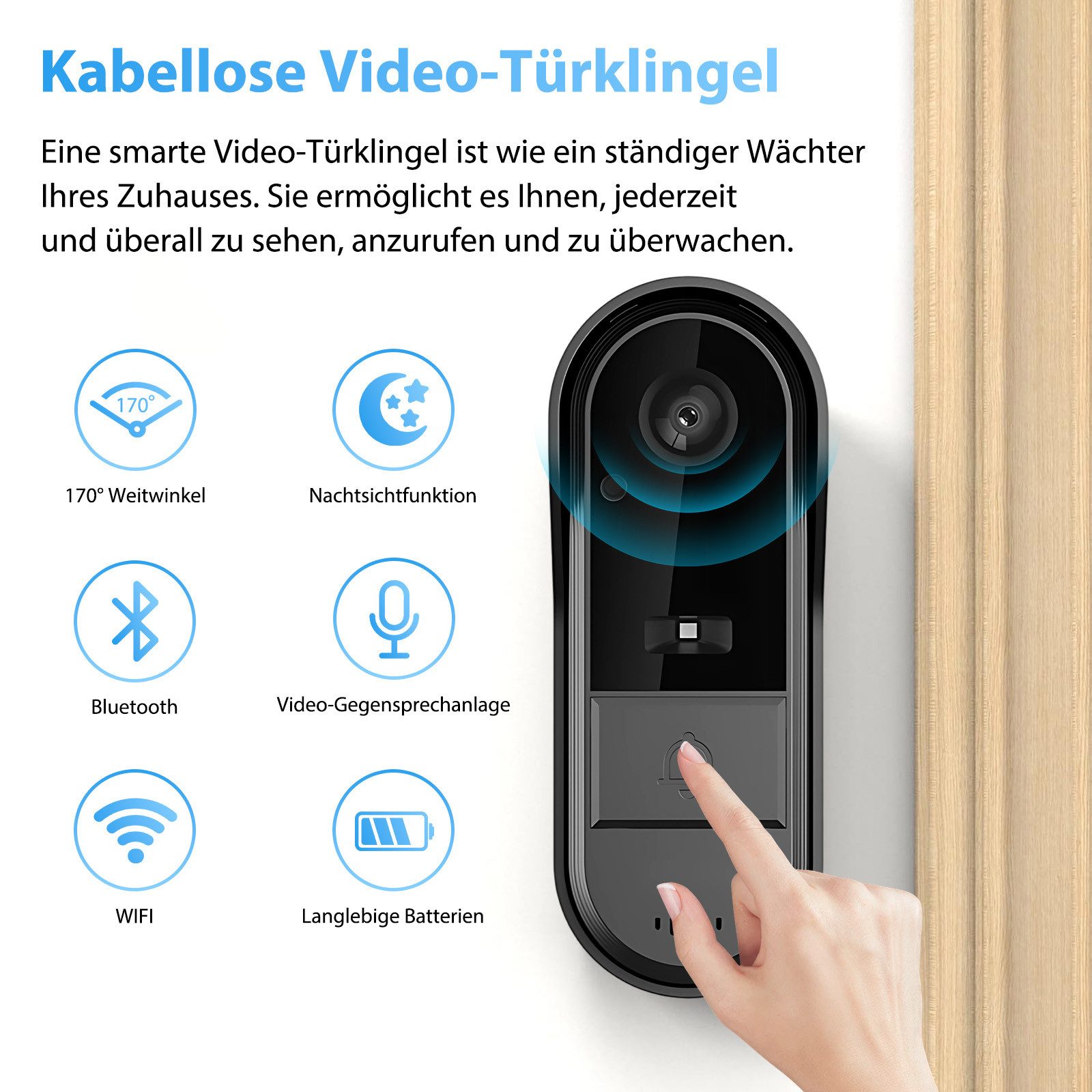AKKEE Video-Türsprechanlage HD Smart Türklingel mit Kamera, mit Bluetooth, Kabellos (Türklingel-Set, wasserdicht)