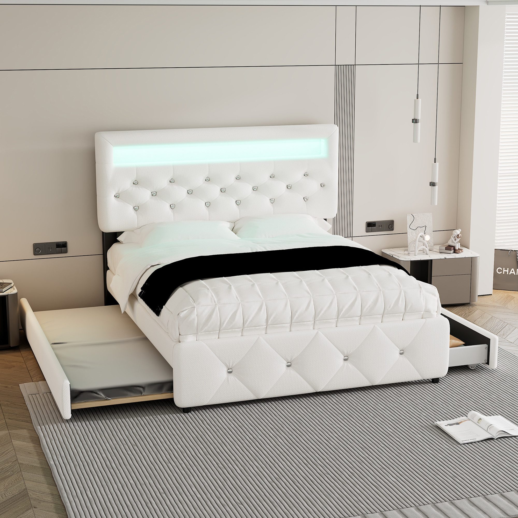 Flieks Polsterbett, LED Doppelbett 140x200cm mit 2 Schubladen, Ausziehbett günstig online kaufen