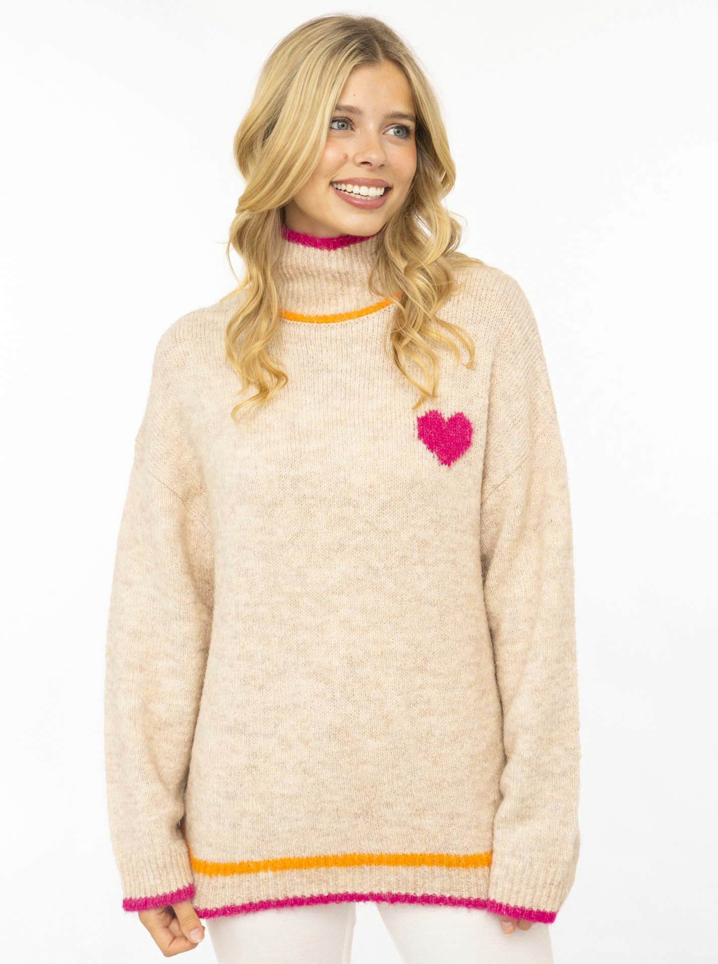 Zwillingsherz Stehkragenpullover "Heart" mit Herz und farbigen Streifen, hoher Kragen, oversize
