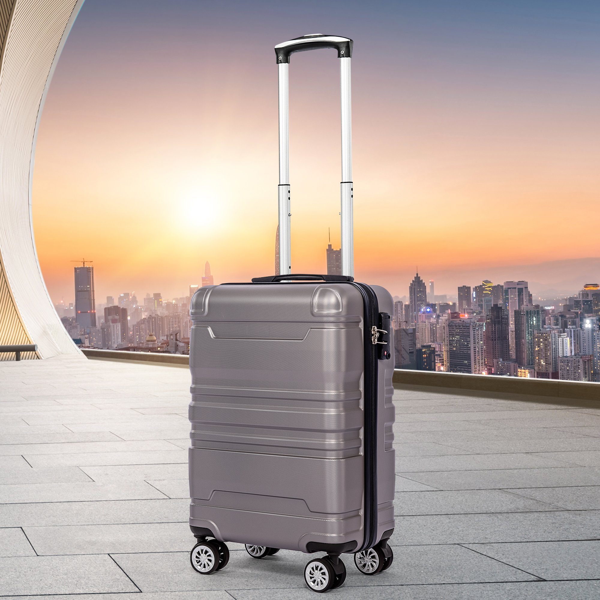 Trolley Hartschalen TSA-Schloss, Reisekoffer 4 grau Rollen, Flieks mit M-35x21x55cm Trolley