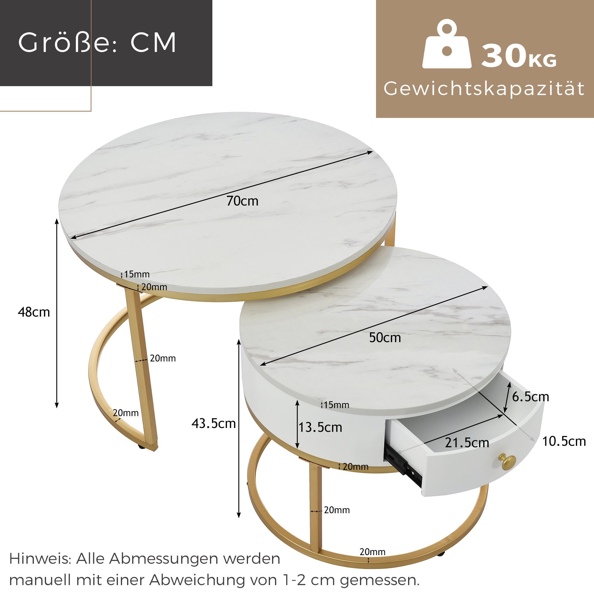 Marmoroptik Merax Couchtisch mit | Metallbeine goldenen Beistelltisch Holz rund (2-St), Weiß Schublade Weiß hochglanz mit Satztisch aus