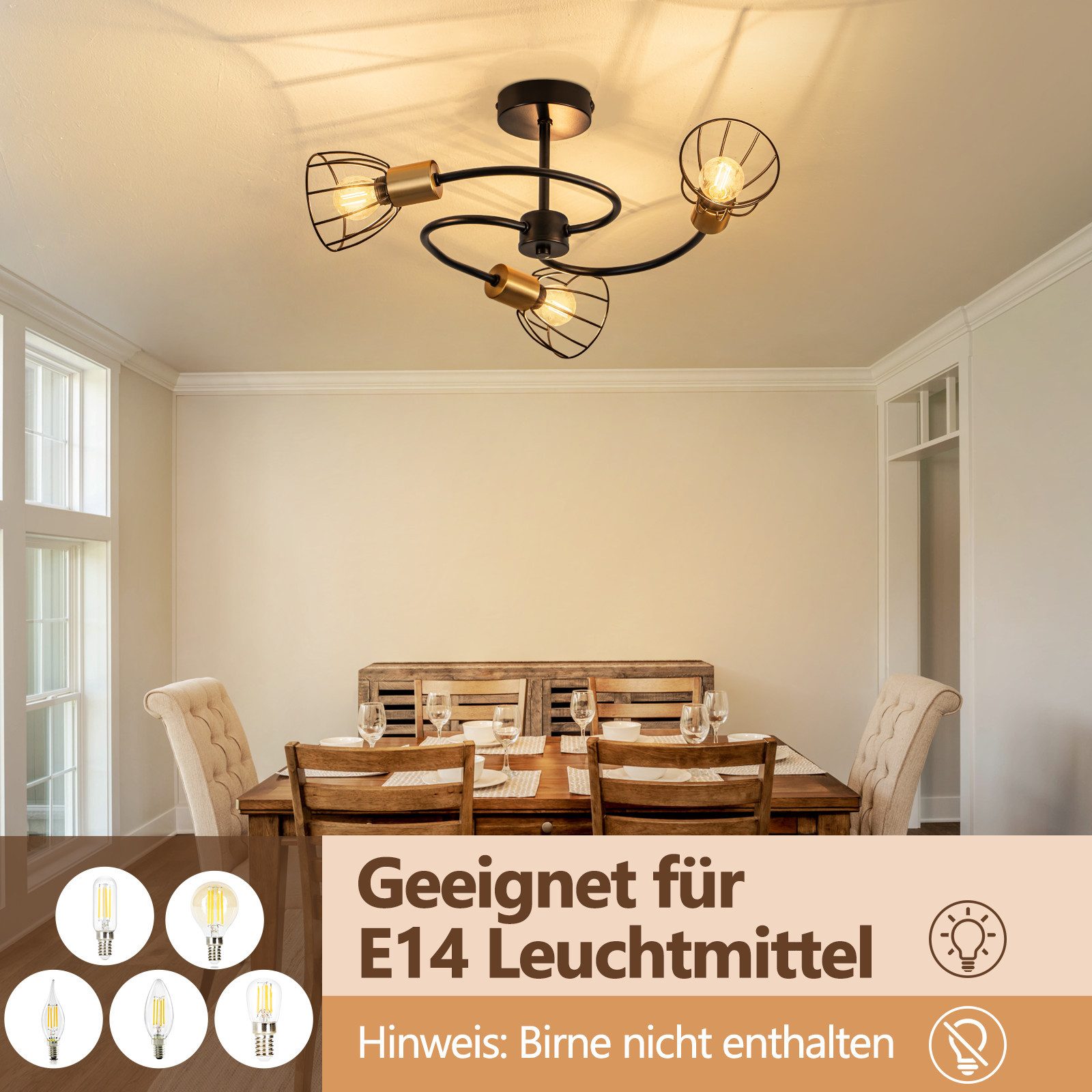ZMH Deckenleuchte Schwarz Deckenlampe Vintage aus Metall Wohnzimmer 3 Flammig E14, ohne Leuchtmittel – Bild 4 von 5
