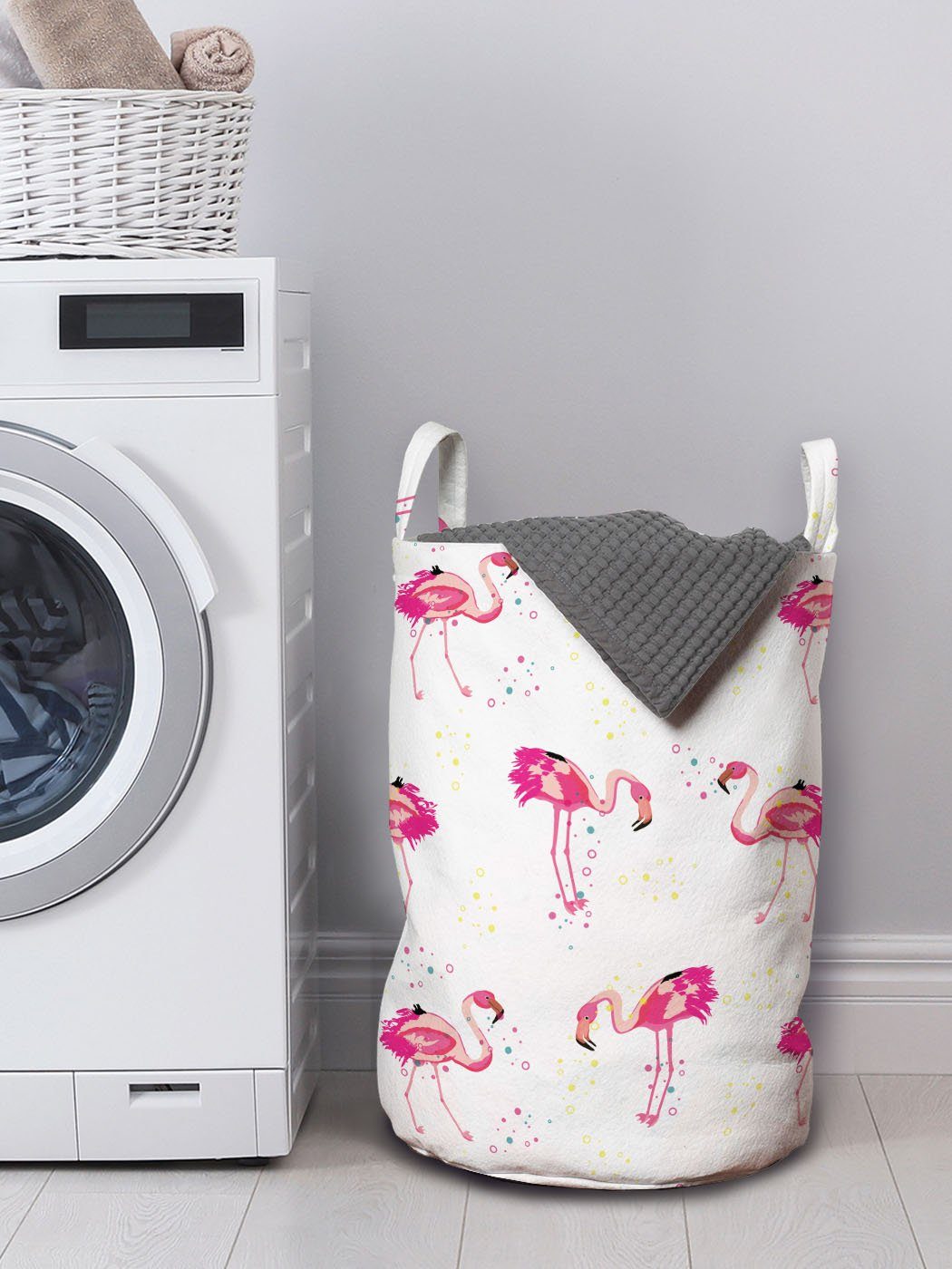 Abakuhaus Wäschesäckchen Wäschekorb Waschsalons, mit Flamingo Kordelzugverschluss Tropic Spots Griffen Vögel und für