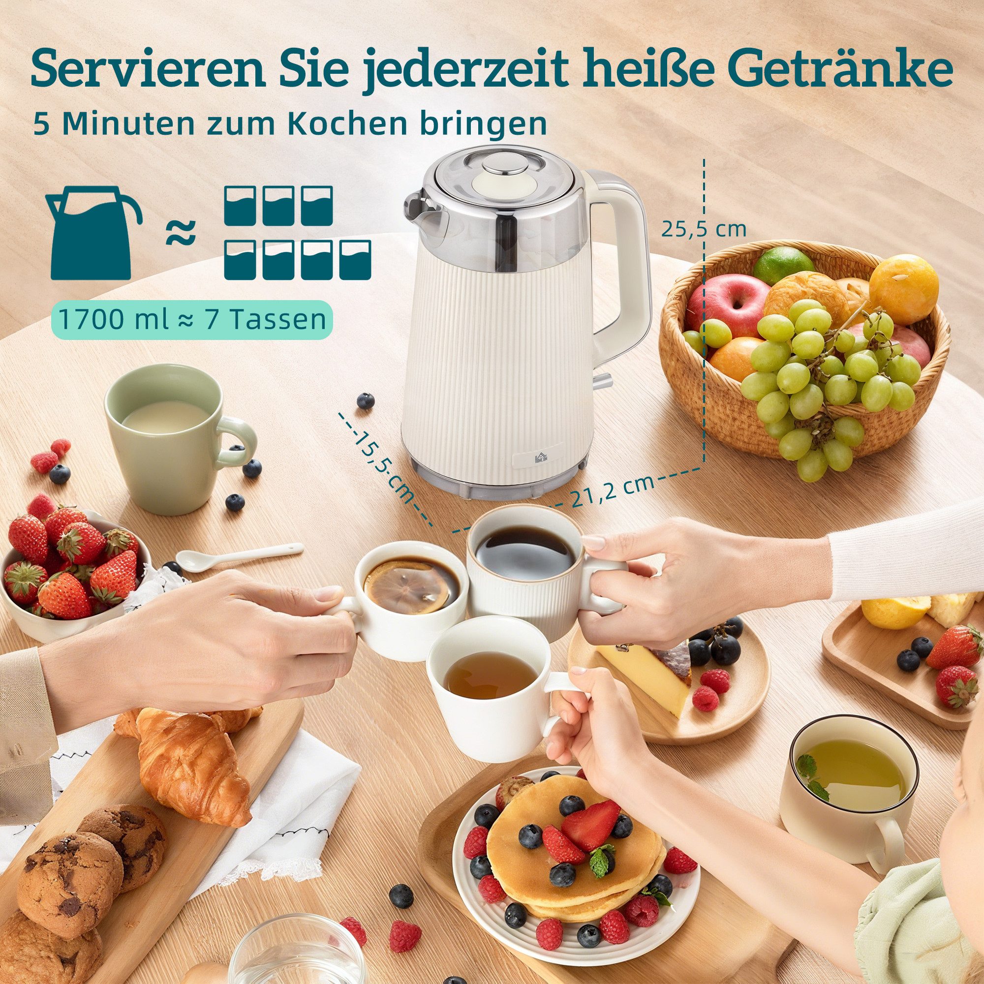HOMCOM Frühstücks-Set Wasserkocher Toaster Set 1,7L mit Edelstahl-Innenraum 2200W (2-tlg), 4 Scheiben Toaster mit 7 Bräunungsstufen, Kalkfilter