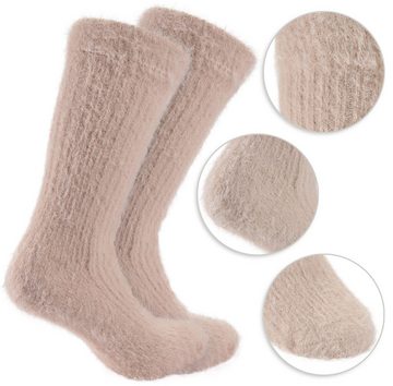 BRUBAKER Haussocken Cozy Bettsocken Beige Weiß - Warme Damen Kuschelsocken (flauschige Plüsch Socken für Frauen, 2-Paar) Weiche atmungsaktive Plüschsocken Wintersocken
