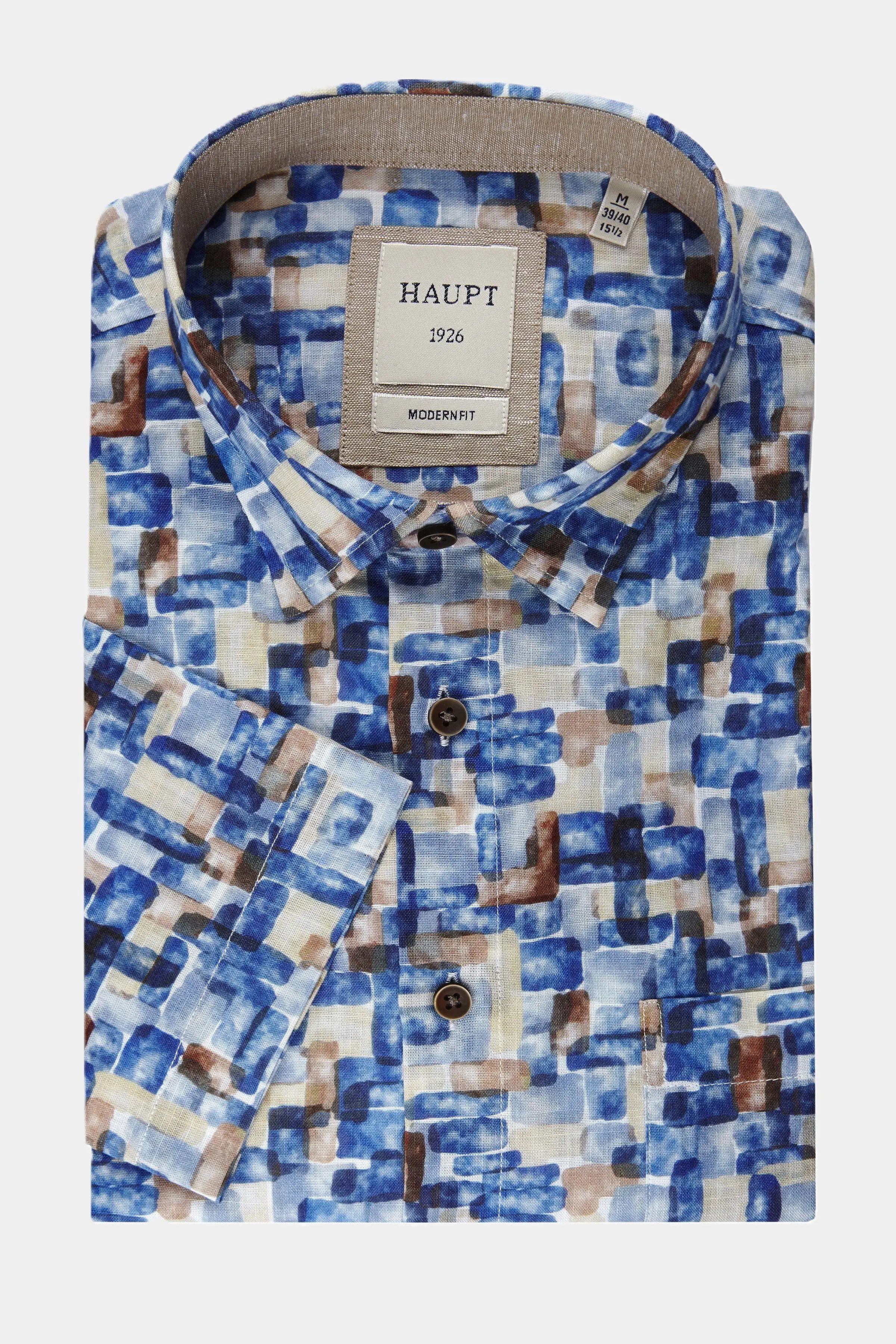 Haupt Kurzarmhemd Kurzarm Herrenhemd aus Baumwolle Print Navy Modern Fit für Sommer