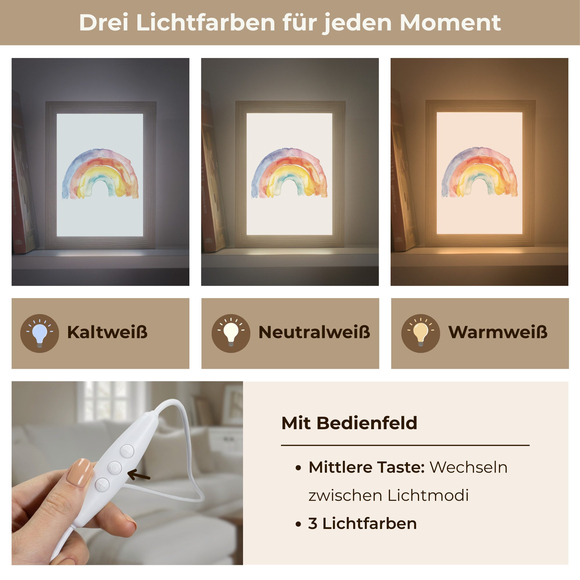 OnlyWow Wandleuchte Lightbox Regenbogen - Aquarell - Farbenfroh - Mädchen, Dimmbar, Farbwechsel, LED, Warmweiß, Kaltweiß, Neutralweiß Einstellbar, Wandlampe Inn – Bild 5 von 5