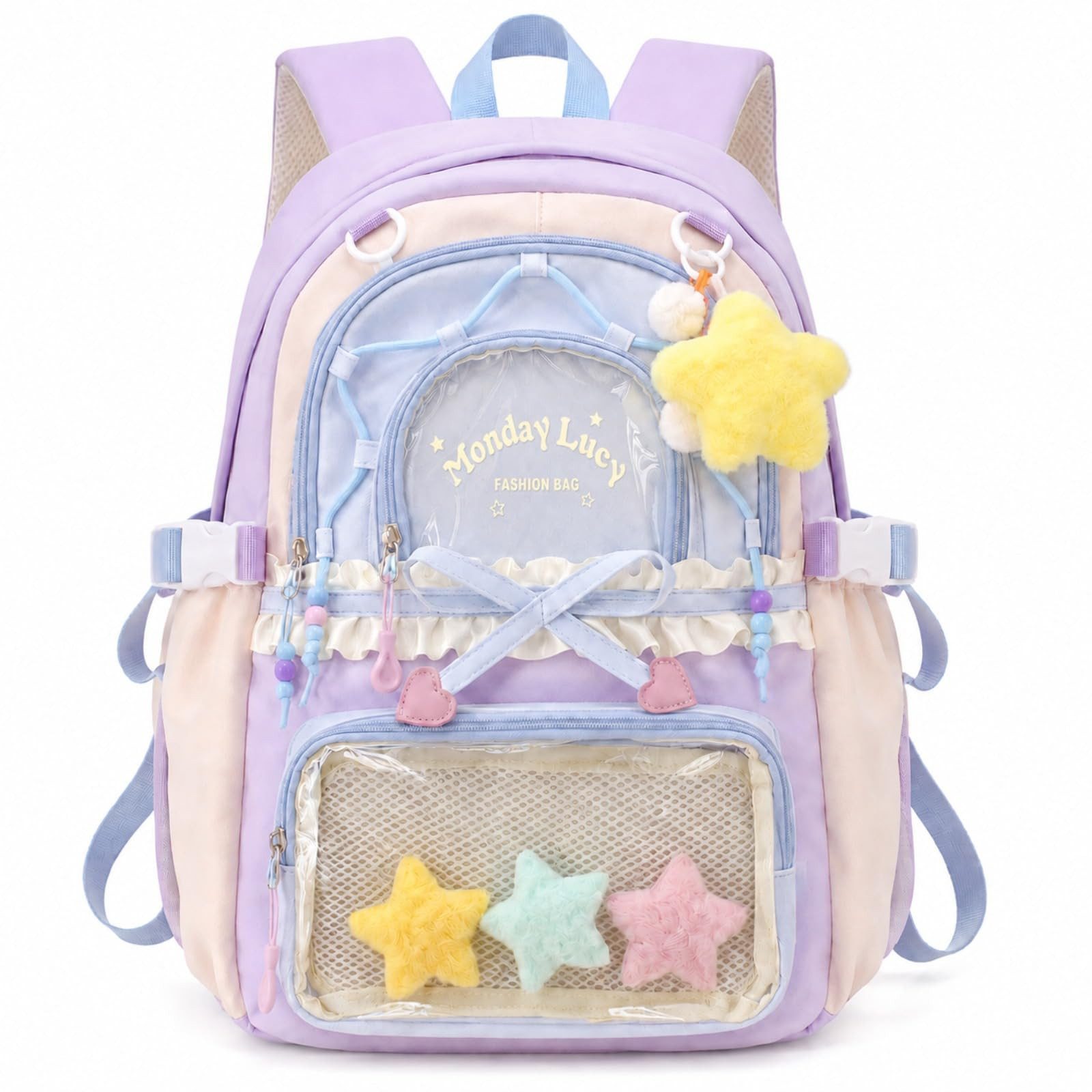 nsihing Kinderrucksack Kawaii Rucksack Mädchen mit Transparentem Fach & Stern Anhänger, Ästhetischer Rucksack für Mädchen, Schule, Alltag & Freizeit