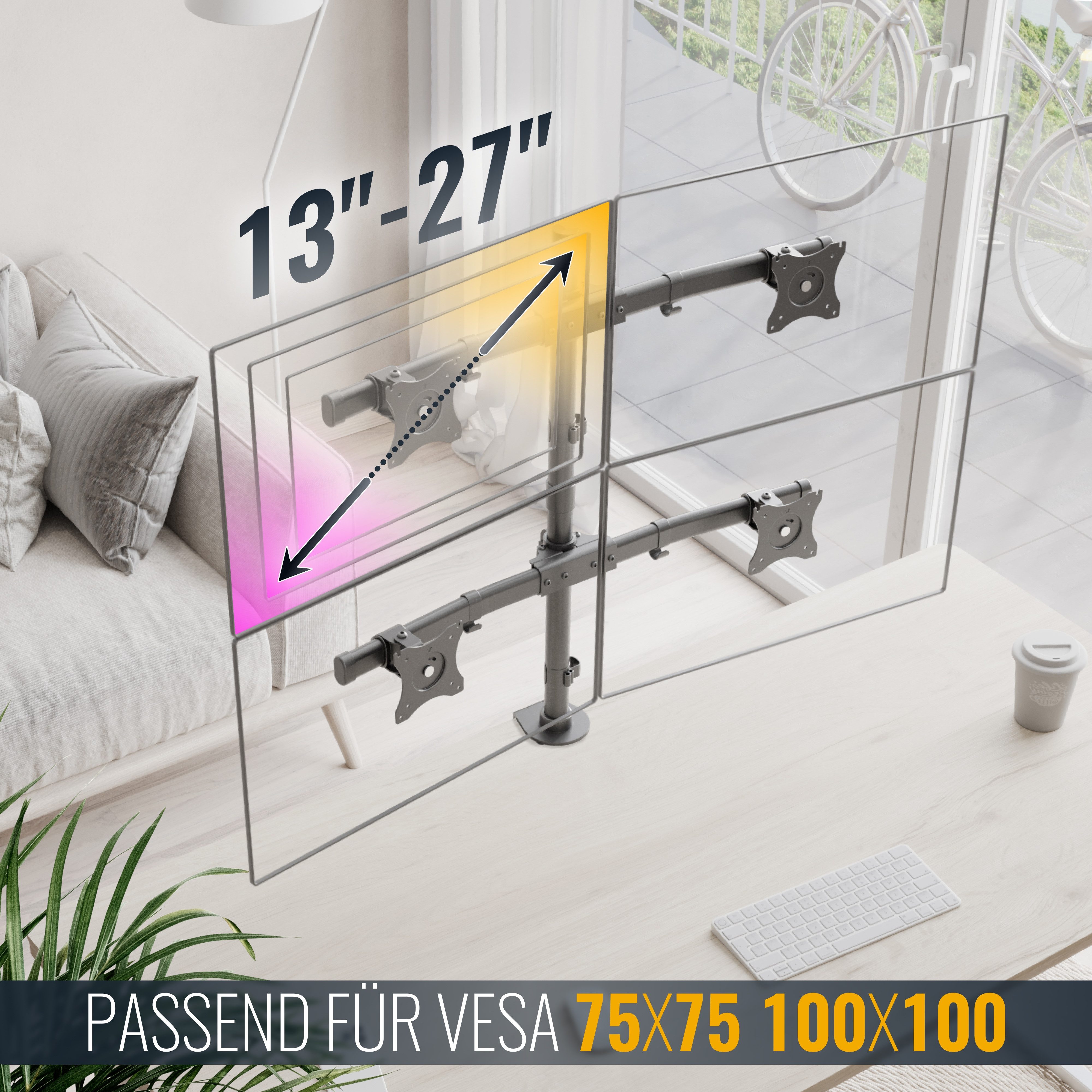 RICOO Monitor-Halterung Multi Monitor Bildschirm 4 Monitore Tischhalterung TS8411, (bis 26 Zoll, VESA 75x75 und 100x100, 1-tlg., 8 kg Belastbarkeit, von 33-66 cm (13"-26) Bildschirm-Diagonale, neigbar +45°/-45°, schwenkbar +/-15°, an der Stange höhenverstellbar)