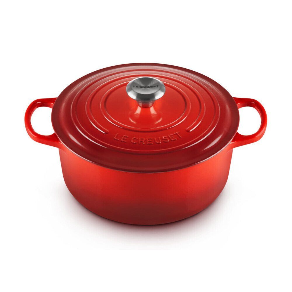 LE CREUSET Bräter Bräter m.D. rund 26 cm Guss Signature kirschrot, Emailliertes Gusseisen, Schmortopf, Cocotte, Bratentopf, ca. 5-6 Personen, Ø26cm, Gusseisen