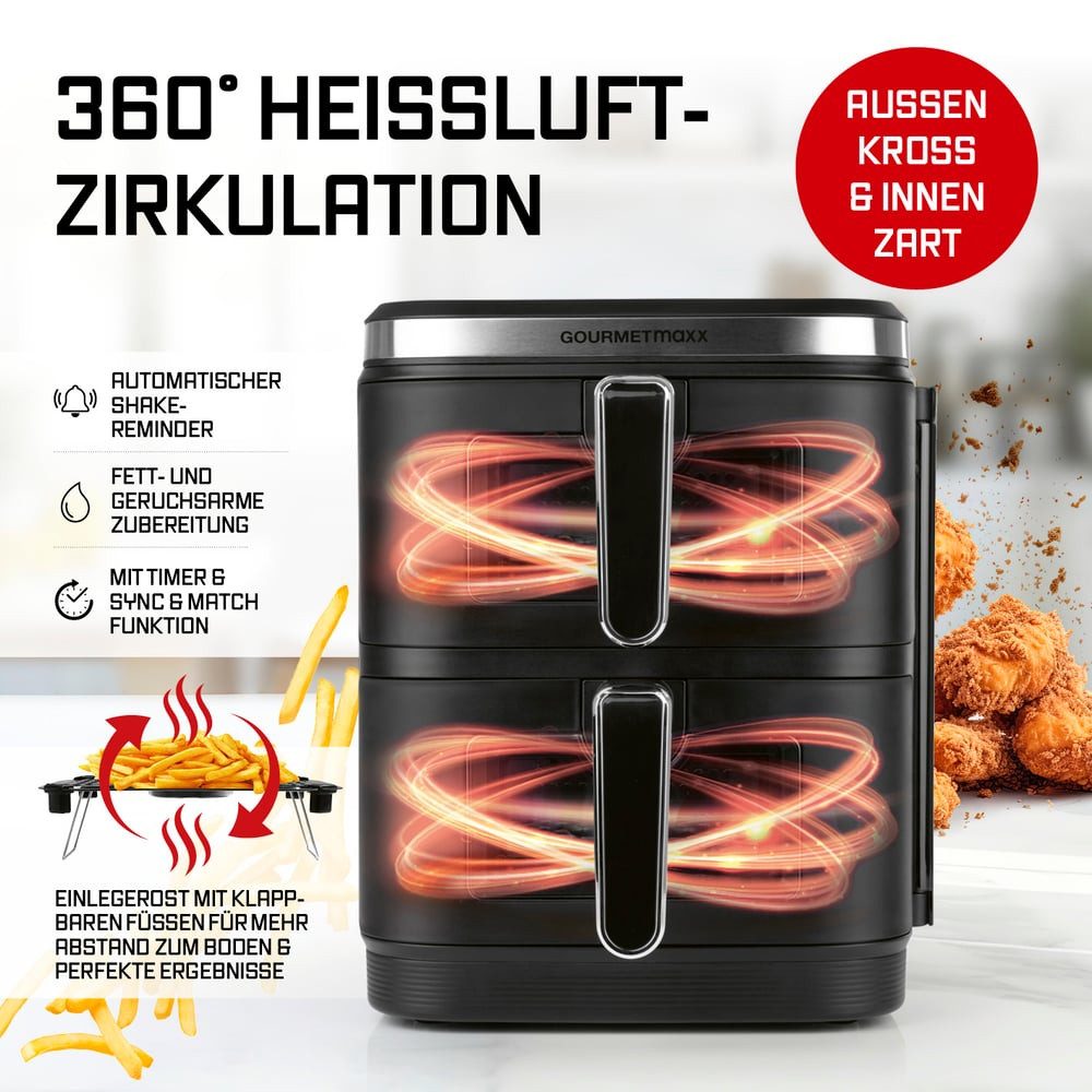 GOURMETmaxx Heißluftfritteuse FryUp Vertikale Doppelkammer-Heißluftfritteuse, 10 l - Touchscreen, Sichtfenster, 2800 W, Power von 2 Fritteusen in einem mit Sich – Bild 4 von 5