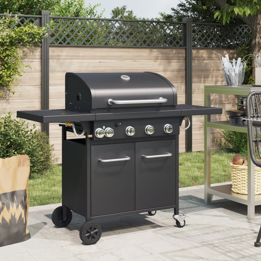 vidaXL Gasgrill Gasgrill mit 5 Flammen Schwarz Pulverbeschichteter Stahl