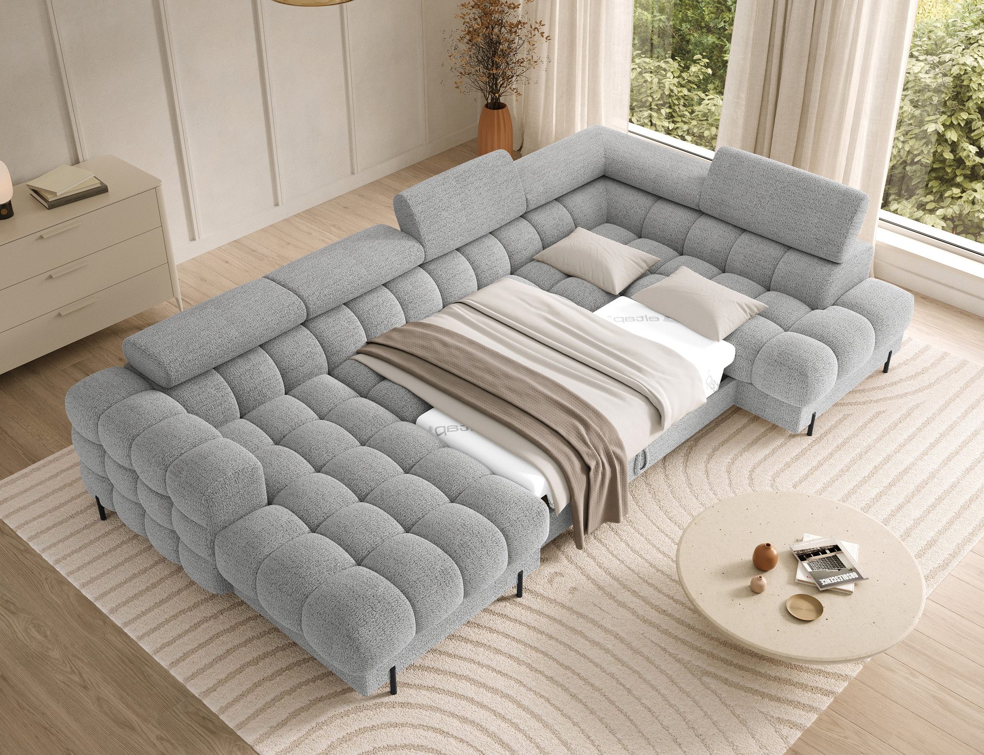 Lukas Möbel Wohnlandschaft Deisgner XXL-Sofa in U-Form Falco mit Schlaffunktion Bettkasten, mit Schlaffunktion, Bettkasten, verstellbaren Kopfsützen
