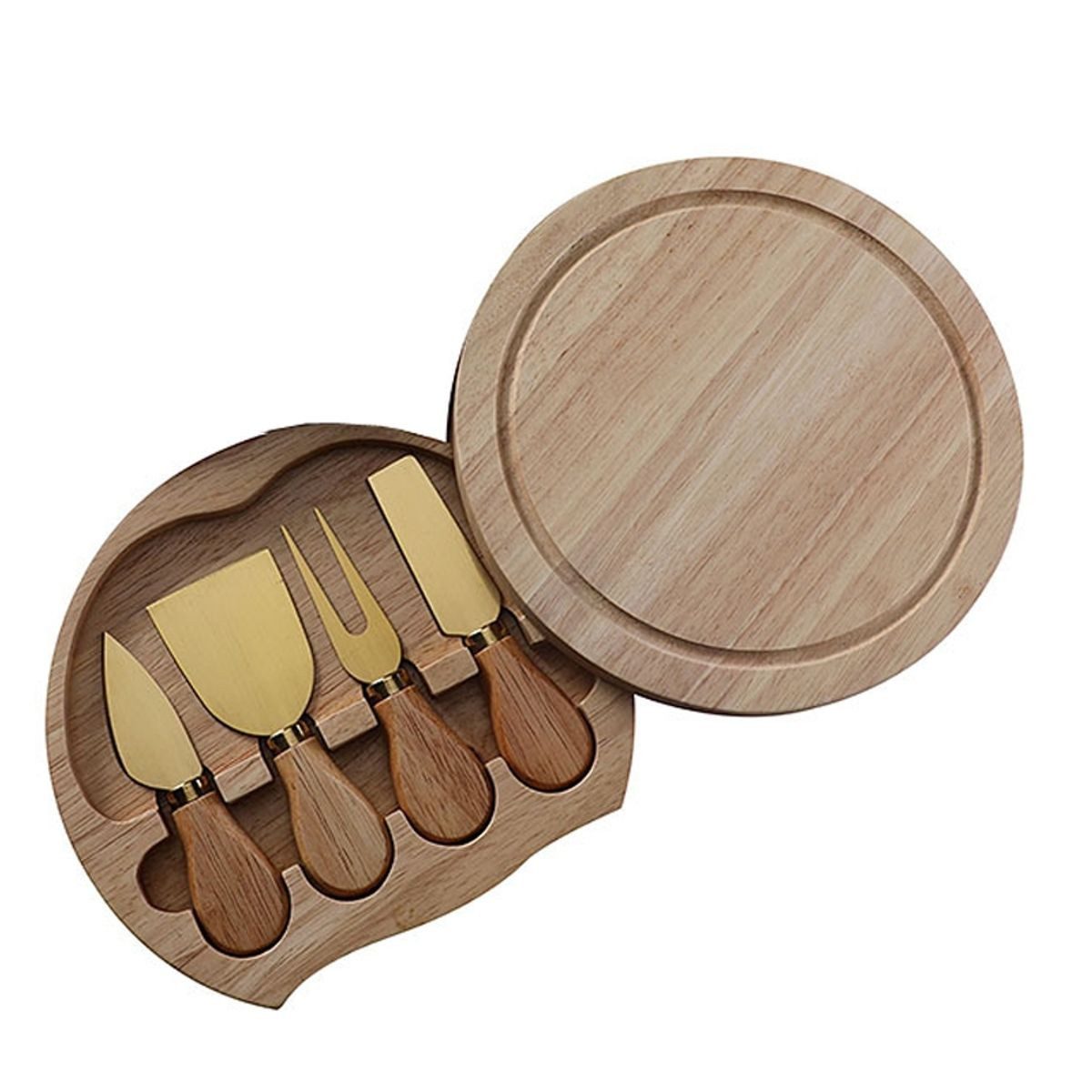 König Design Käsebrett und Messer-Set, Eiche, (1 Schneidebrett, 4 Käsemesser), 4-tlg. drehbar Käseschneidebrett Käseplatte mit Käsemesser Set