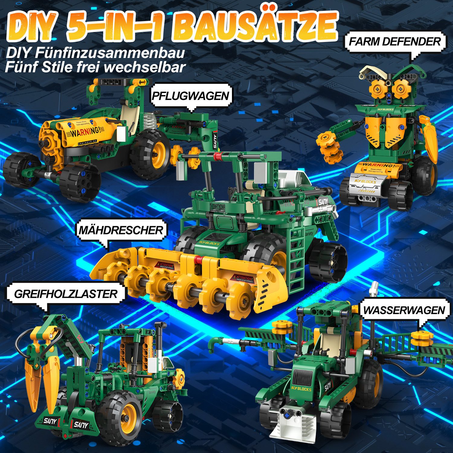 Esun Technik Roboter Kinder, 5 in 1 bausatz mit App & ferngesteuert RC Spielbausteine, (Set, 313 St., Komplettset), Baukasten/Traktor/mähdrescher/wasserwagen, 313 St.