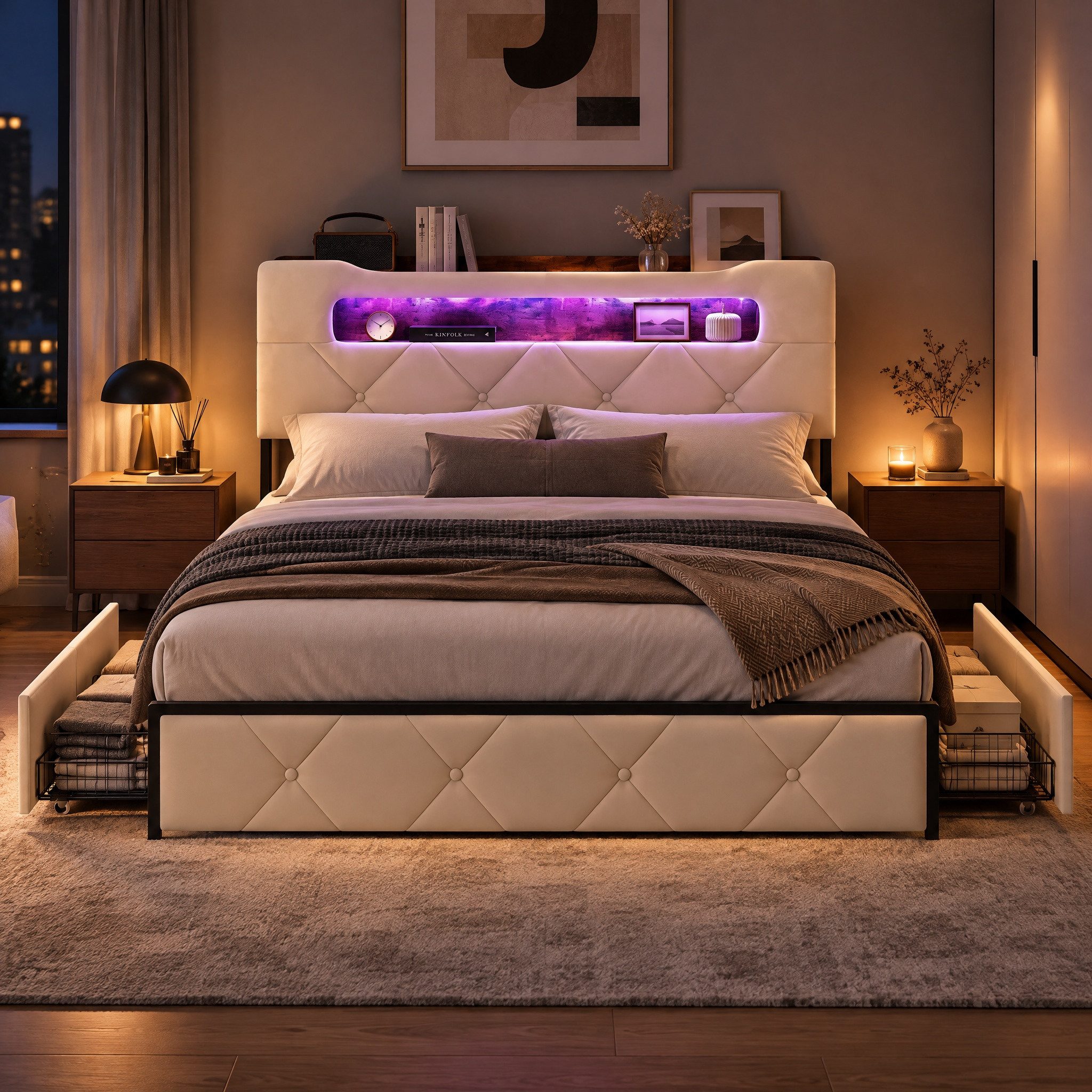 Simurq Polsterbett 140x200cm Stauraumbett mit LED, Ladefunktion und 4 Schubladen (Packung, 1-tlg., Doppelbett Mit Stauraum Kopfteil und Lattenrost), Samt Schubl – Bild 2 von 5