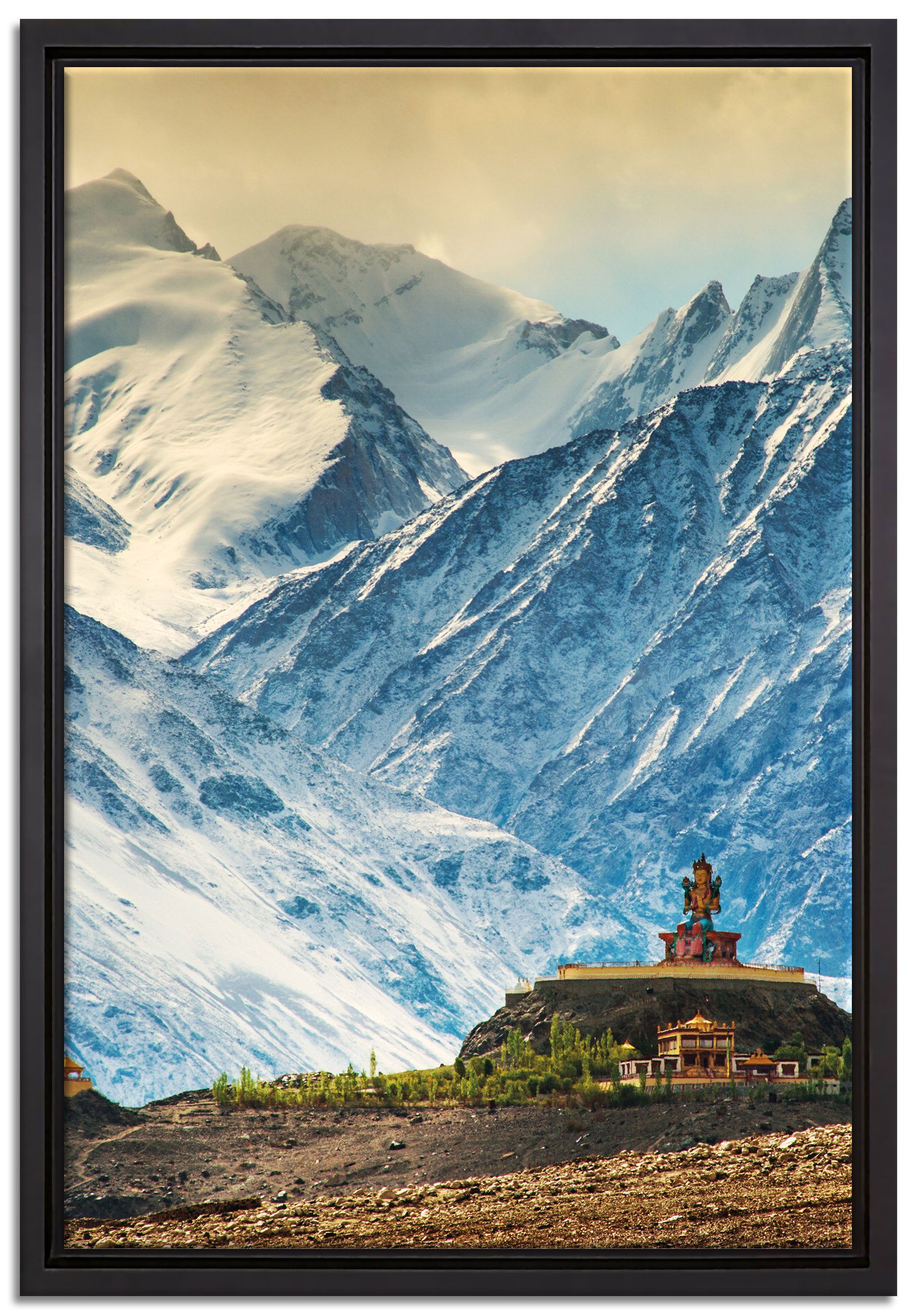 Pixxprint Leinwandbild Tempel in Bergen von Tibet, Wanddekoration (1 St), Leinwandbild fertig bespannt, in einem Schattenfugen-Bilderrahmen gefasst, inkl. Zackenaufhänger