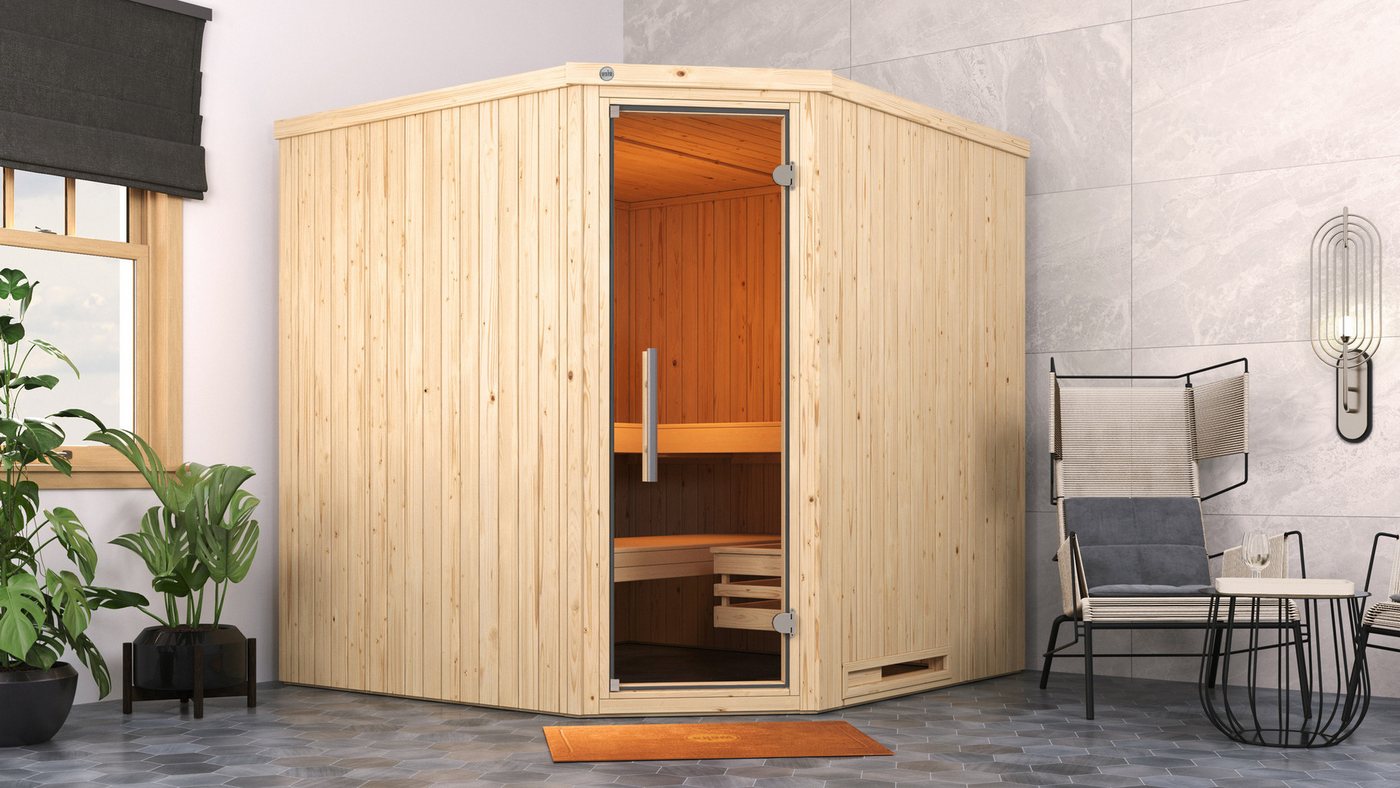 Thumbnail - weka Sauna Element-Ecksauna VARBERG 3, BxTxH: 194 x 194 x 199 cm, 38 mm, vorgefertigte Elemente, moderne Ganzglastür