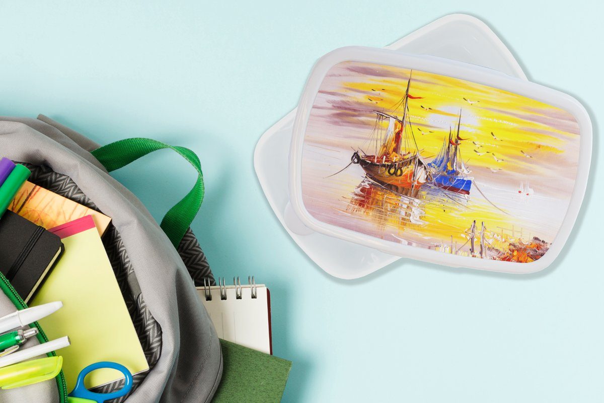 MuchoWow Lunchbox - Wasser Jungs Mädchen und für weiß Ölfarbe, Kunststoff, (2-tlg), - Boot und für Malerei Brotbox Erwachsene, - Kinder Brotdose