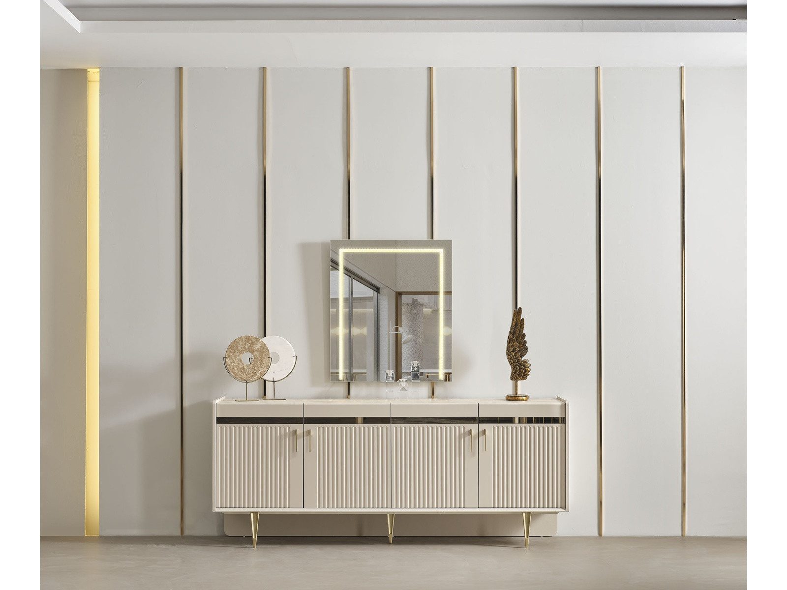 Villa Möbel Sideboard (Sideboard, 1 St., 206 × 44 × 84 cm), Sideboard Stauraum Creme Goldoptik pflegeleicht