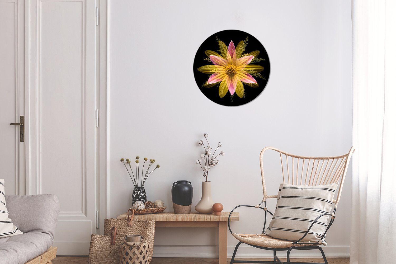 MuchoWow Gemälde Blume Wandbild, gelbe (1 auf Kreis Wanddekoration Rundes Eine cm St), Forex, 30x30 Hintergrund, Wohnzimmer, schwarzem
