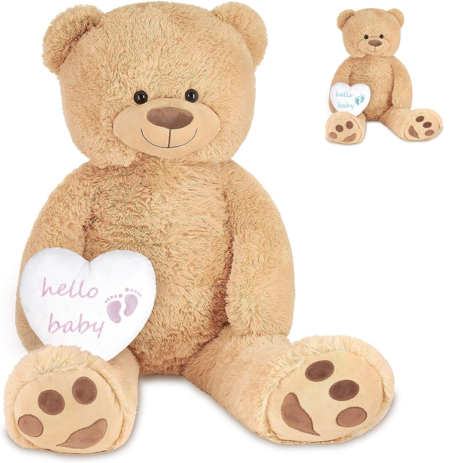 Kuscheltier XXL Teddybär Beige 100 cm mit Hello Baby Herz