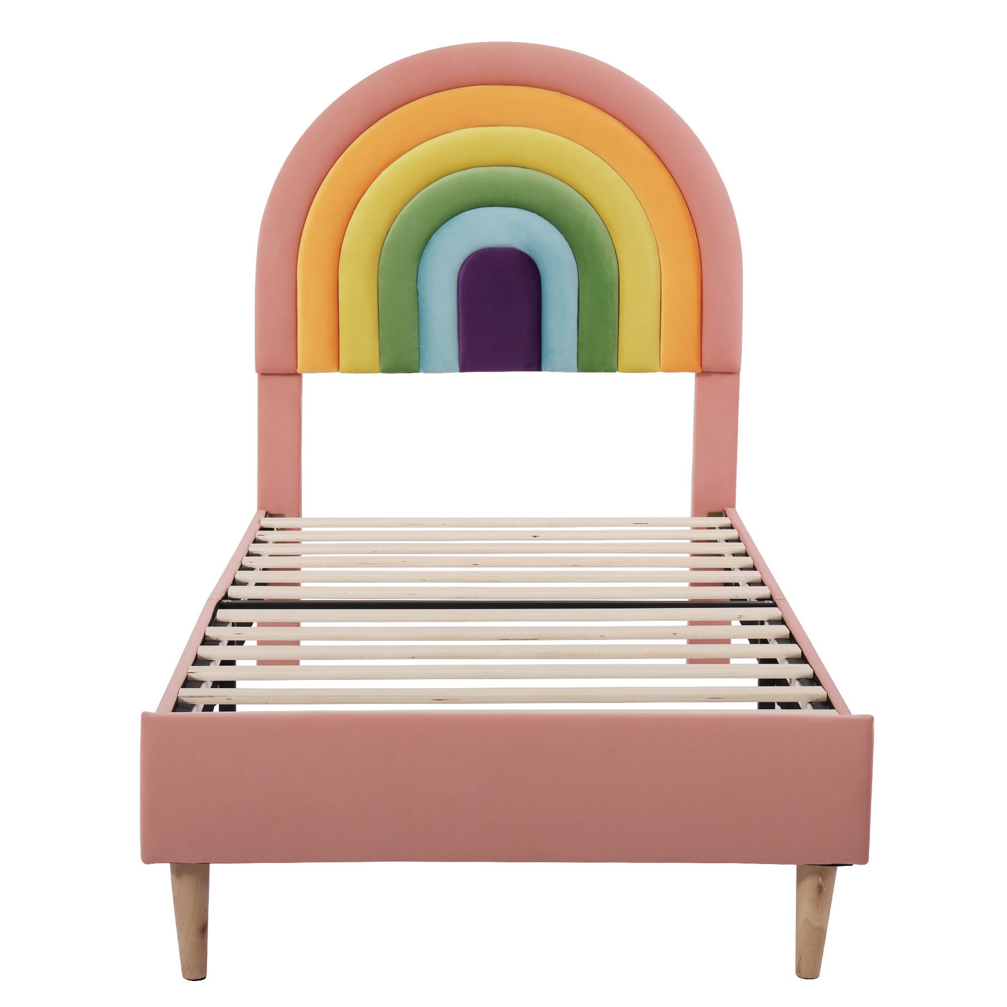 Polsterbett (Jugendbett mit Lattenrost), Kinderbett mit verstellbarem Regenbogen-Kopfteil, 90x200 cm, Samt