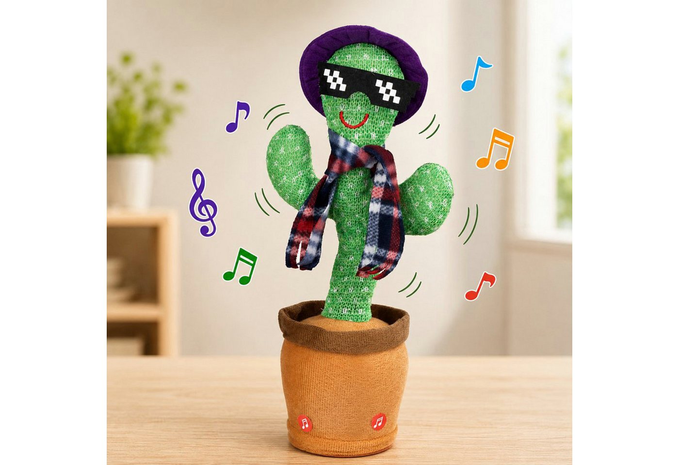 Haushalt International Dekofigur Sprechender Kaktus Spielfigur Spielzeug Lila Hut (Stück, 1 St., Packung), 33x11cm, Tanzend, Singend, Sprechfunktion