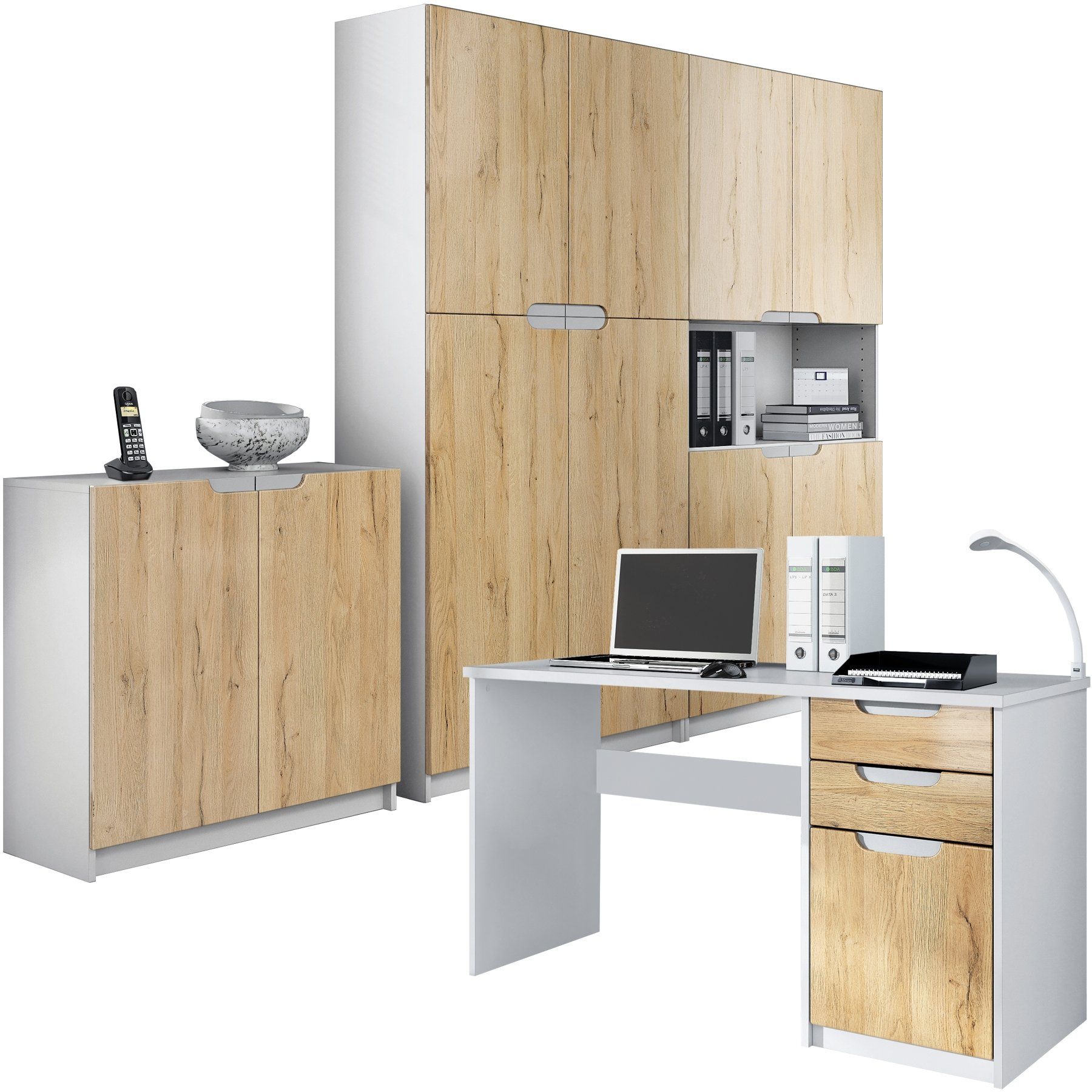 und mit 185 Weiß Aktenschrank Kommode) x 4-St., Schränken 1 Vladon Schreibtisch, (246 Natur Logan cm) 1 Natur x Fronten in Eiche matt/Eiche (Büromöbel-Set, 60 2