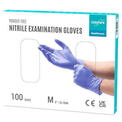 EUROPAPA Nitril-Handschuhe Medical Einmalhandschuhe Untersuchungshandschuhe (100 Stück, puderfrei ohne Latex, Gummihandschuhe) unsteril latexfrei disposible gloves