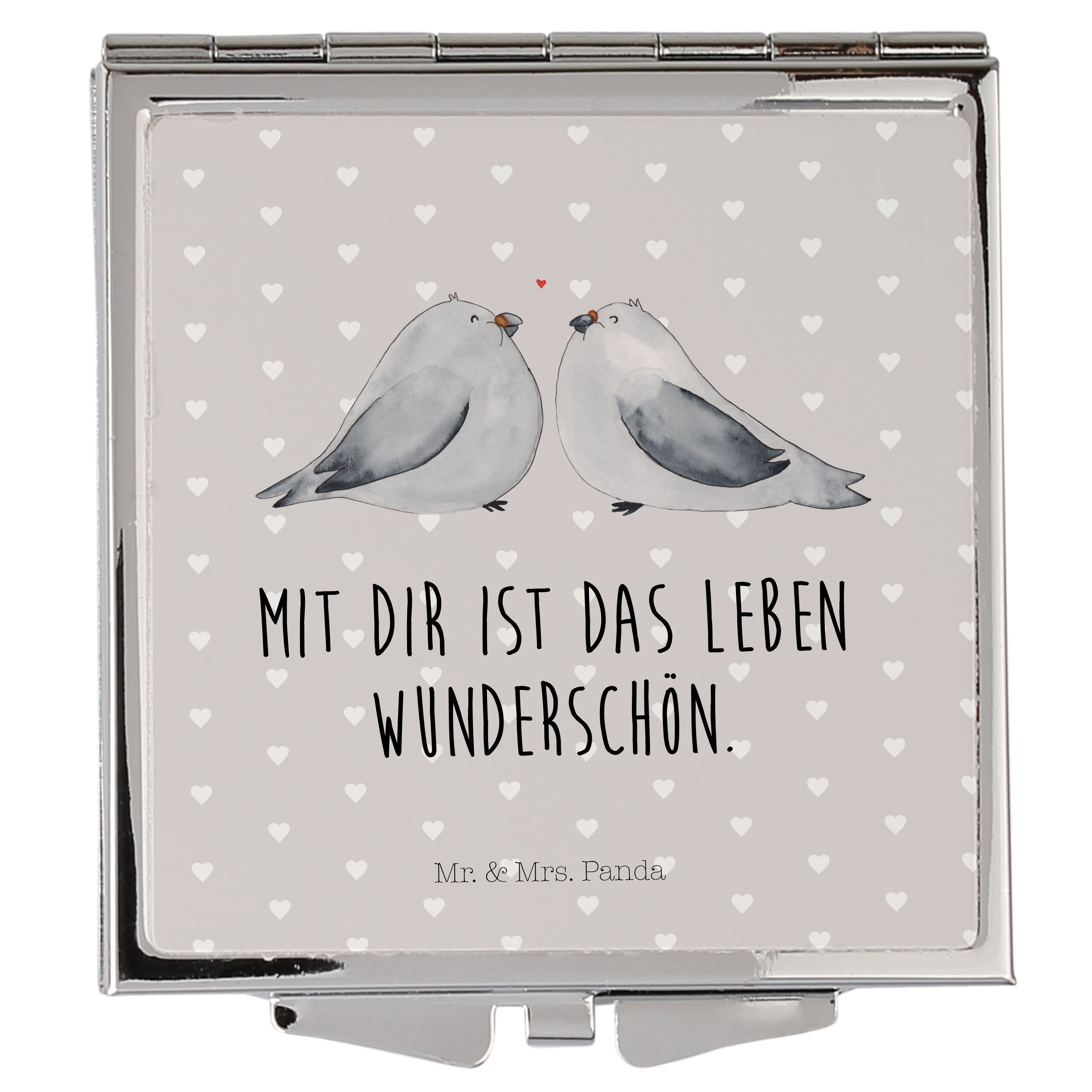 Mr. & Mrs. Liebesb Schminkspiegel, Kosmetikspiegel Turteltauben Grau Liebe (1-St) - Panda Pastell - Geschenk