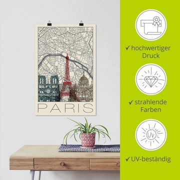 Artland Wandbild Retro Karte Paris Frankreich und Skyline, Frankreich (1 St), als Alubild, Outdoorbild, Poster in verschied. Größen