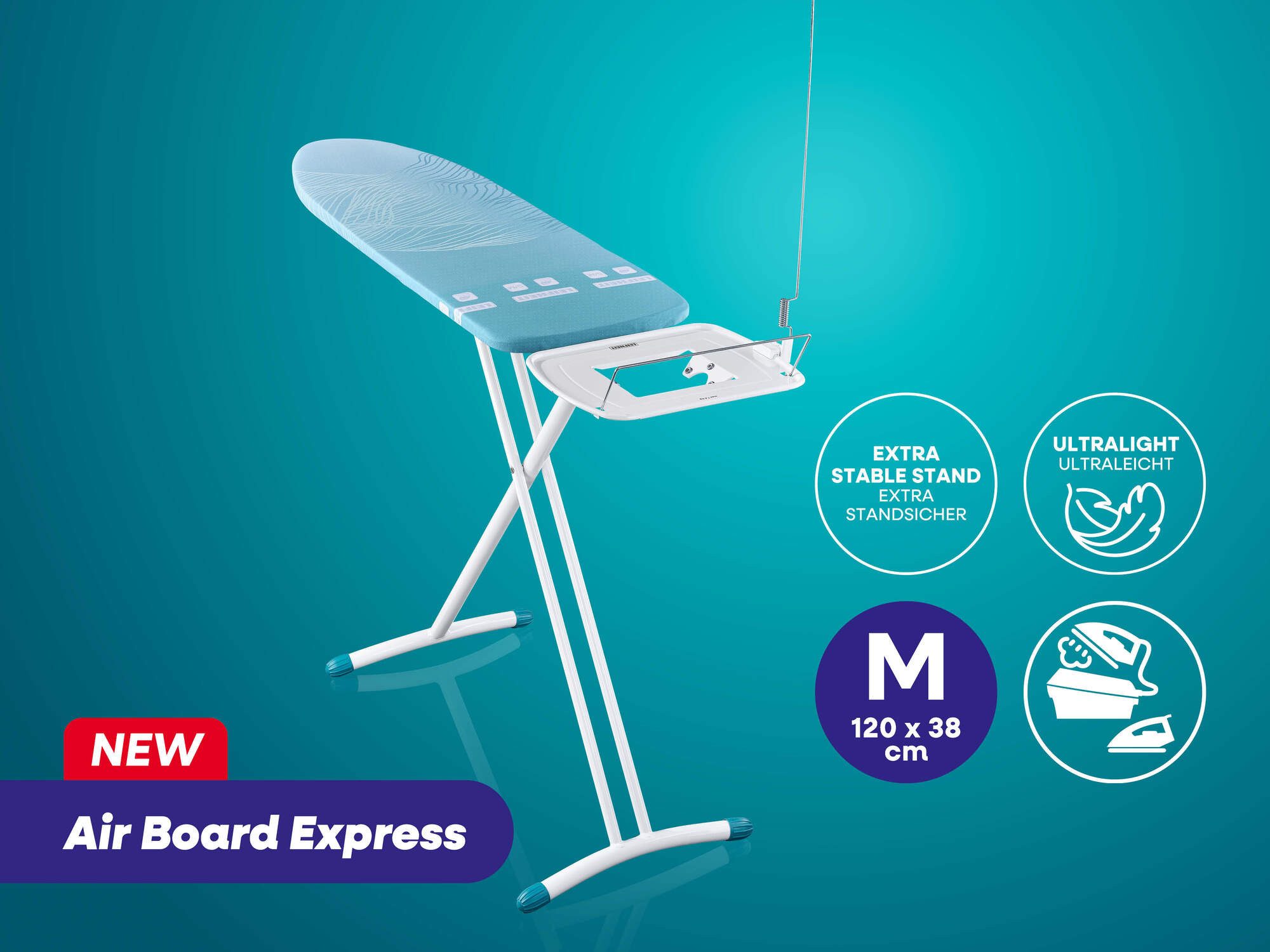 Leifheit Bügelbrett Bügeltisch AirBoard Express M Solid, Bügelfläche 38.0x120.0 cm, Höhenverstellbar, Bügelfläche 120 x 38 cm, auch für Dampfstationen