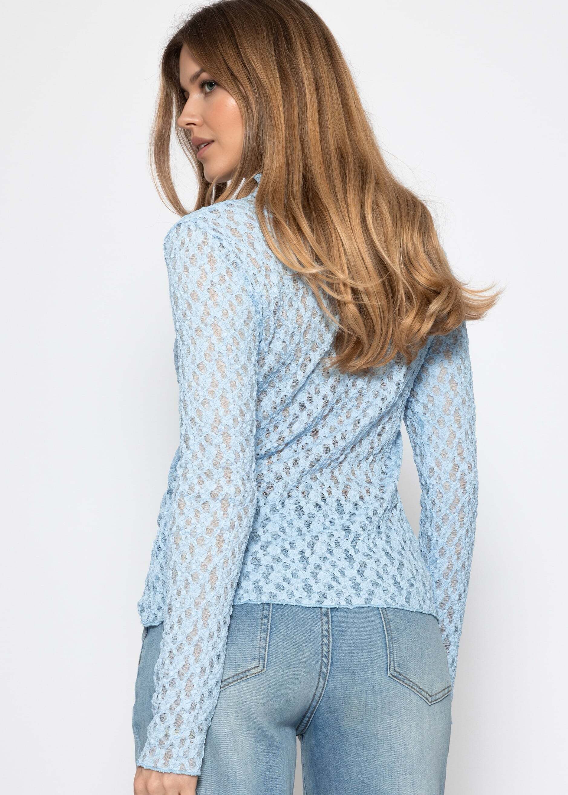 SASSYCLASSY Langarmshirt Langarmshirt aus Spitze für Damen Leicht transparentes Top mit Stehkragen in figurbetontem Schnitt – Bild 5 von 5