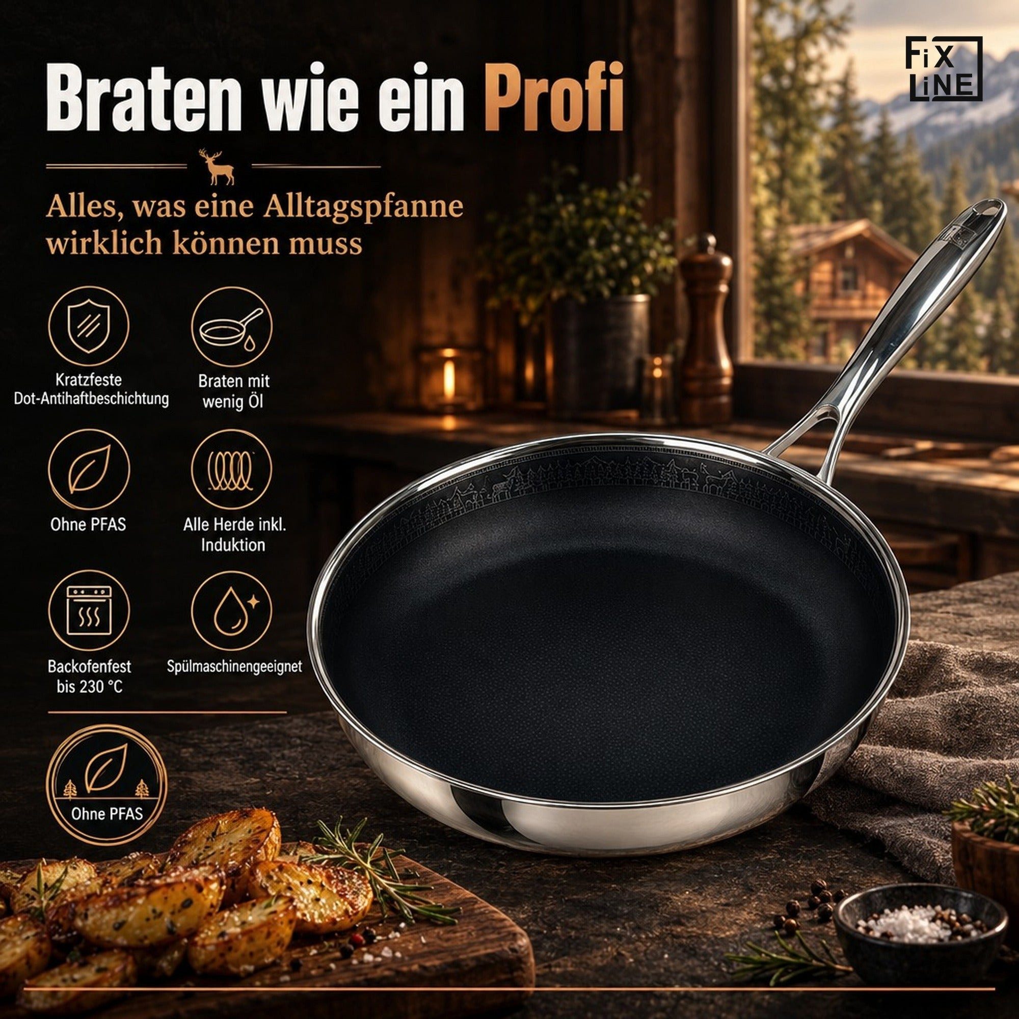 FIXLINE Schmorpfanne 28cm Black Forest Edition Beschichtet und einfache Reinigung, Edelstahl (Einzel, 1 Pfanne), Lieblingspfanne in deiner Küche – Bild 2 von 5