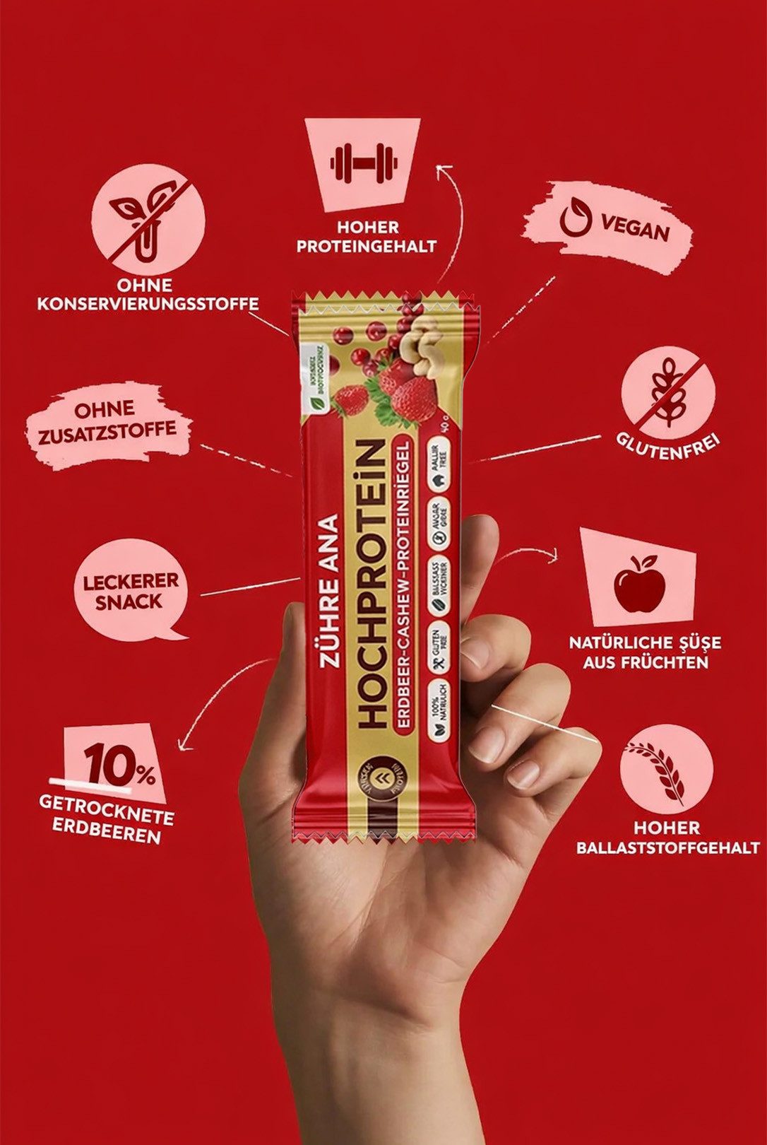 Zühre Ana® Riegel Erdbeer Cashew Proteinriegel 12x – Vegan, Glutenfrei, Zuckerfrei, 420 g, Proteinreicher, leckerer Snack, 35gr x 12 Stück