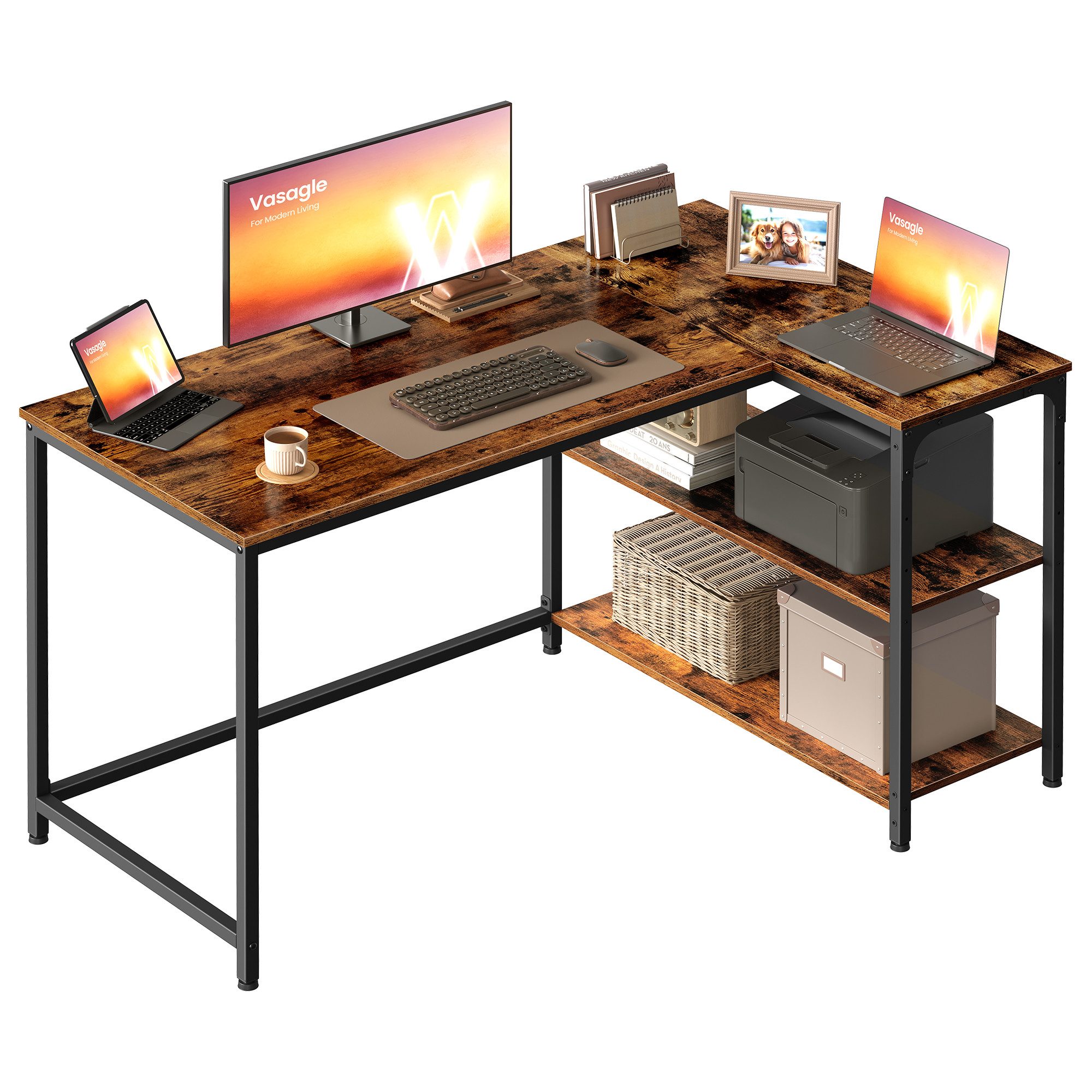 VASAGLE Schreibtisch Eckschreibtisch in L-Form, Computertisch mit Stauraum, Bürotisch, höhenverstellbare Ablage, für Homeoffice, 110/120 cm