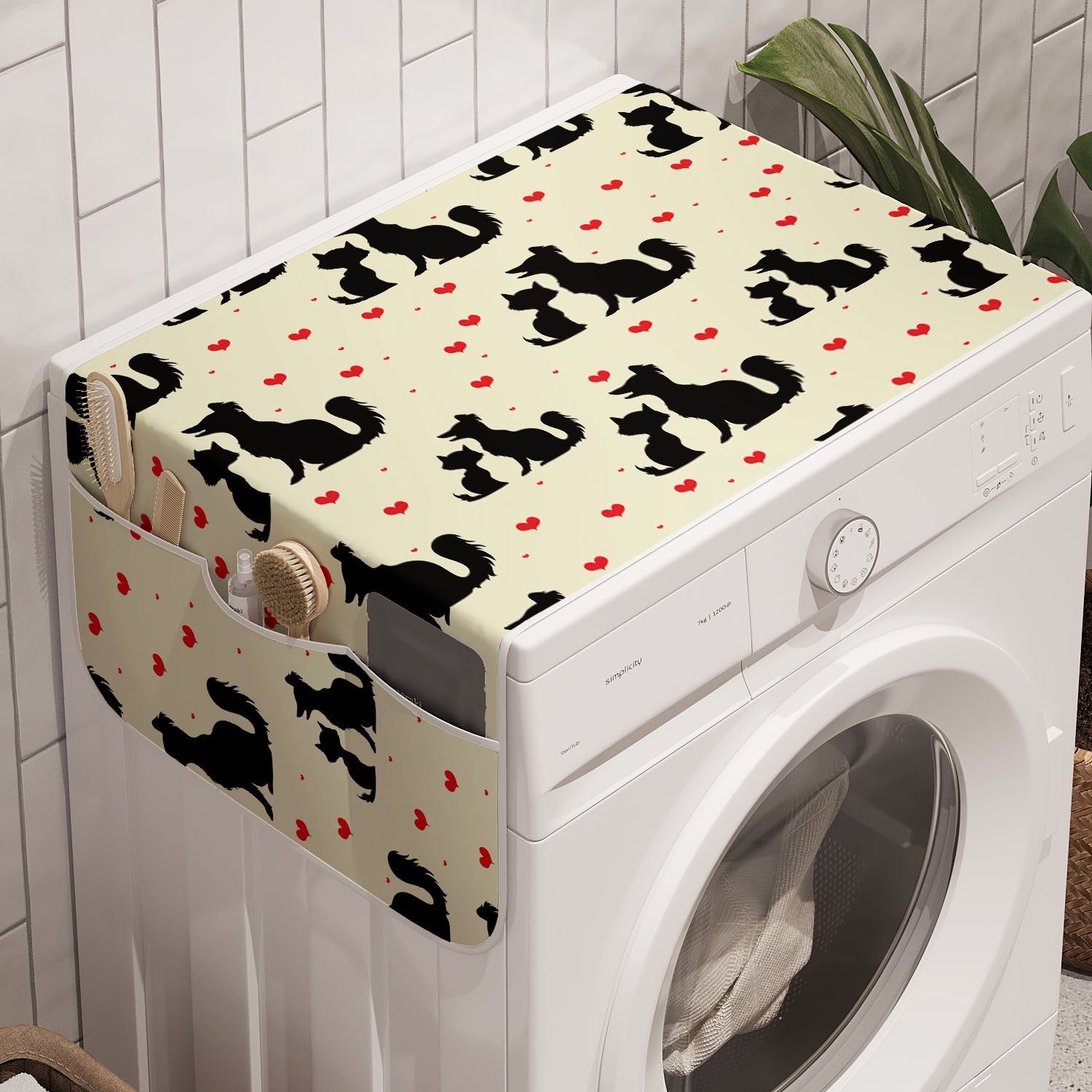Abakuhaus Badorganizer Anti-Rutsch-Stoffabdeckung für Waschmaschine und Trockner, Rot und Schwarz Hund Katze Haustier Liebe