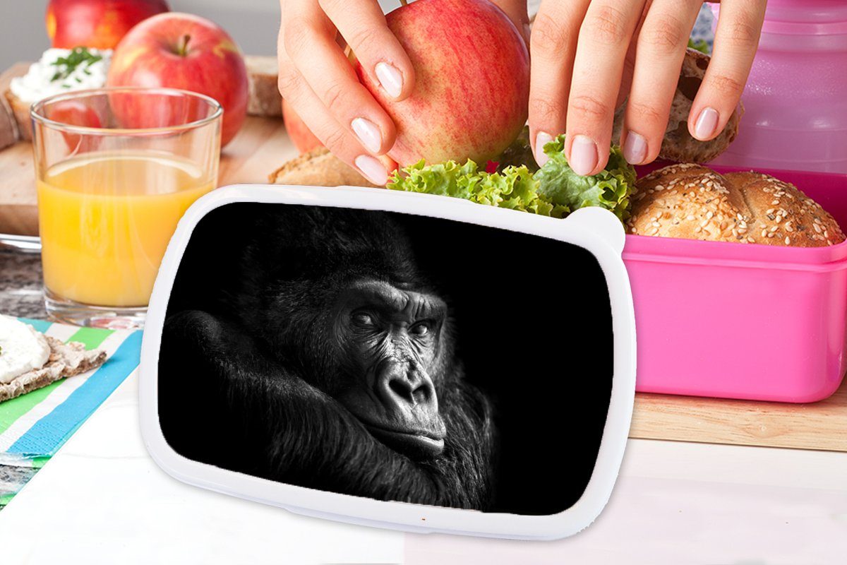 MuchoWow Lunchbox Gorilla - - Schwarz Mädchen, Brotbox Affe Snackbox, - Brotdose Porträt, Erwachsene, - Kunststoff Weiß Kinder, für Kunststoff, (2-tlg), rosa