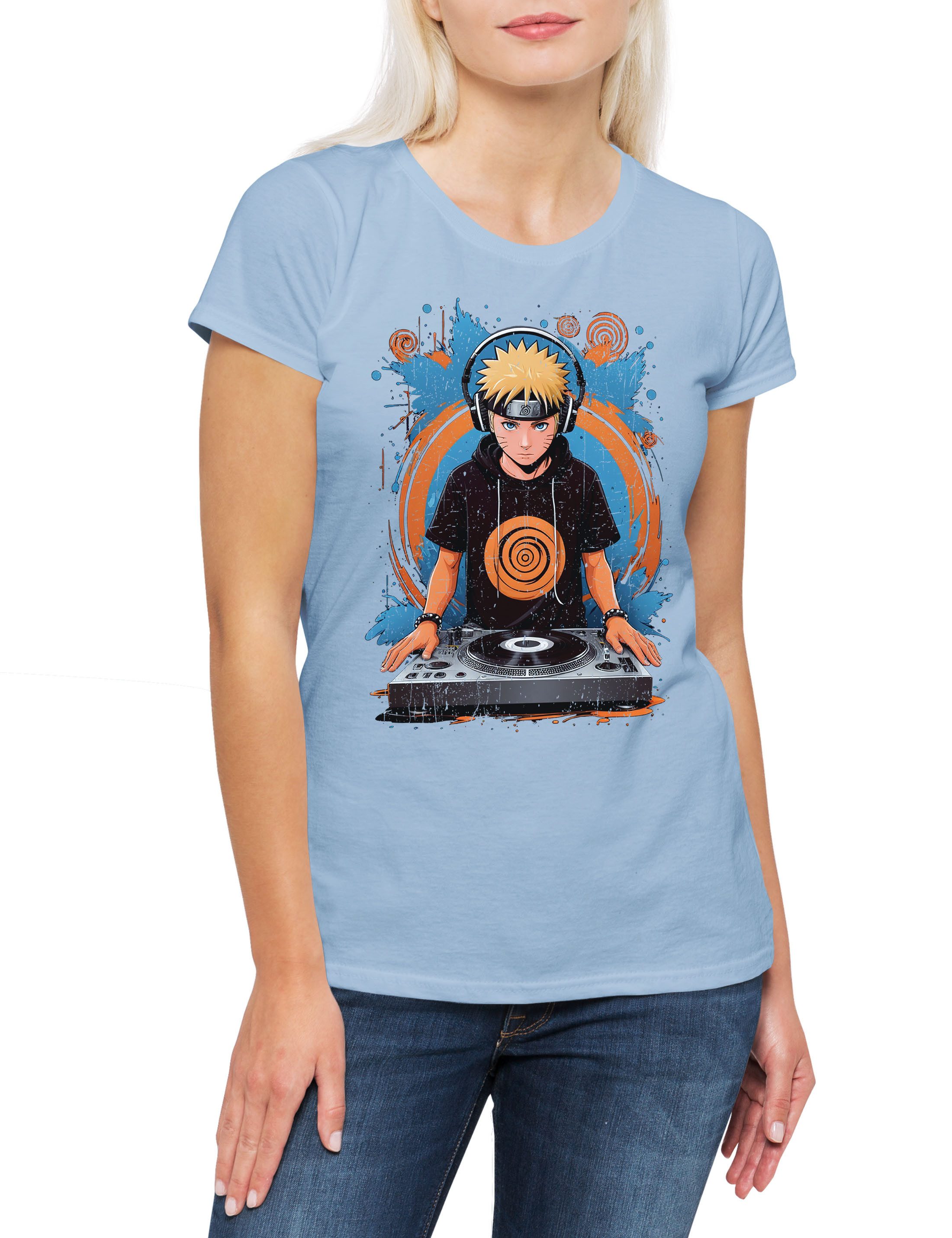 Print-Shirt Ninja DJ Damen T-Shirt Shinobi System Anime Naruto Music Musik