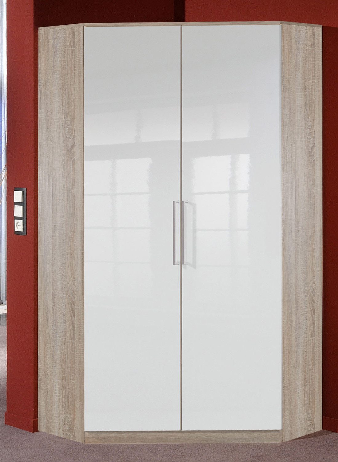 Wimex Eckschrank Greven (2 Türen, 2 Kleiderstangen, 8 Holzböden, 1-St., Eckschrank, alufarbene Bügelgriffe, Hochglanz Front) 95x95cm Eiche Sägerau weiß Hochglanz