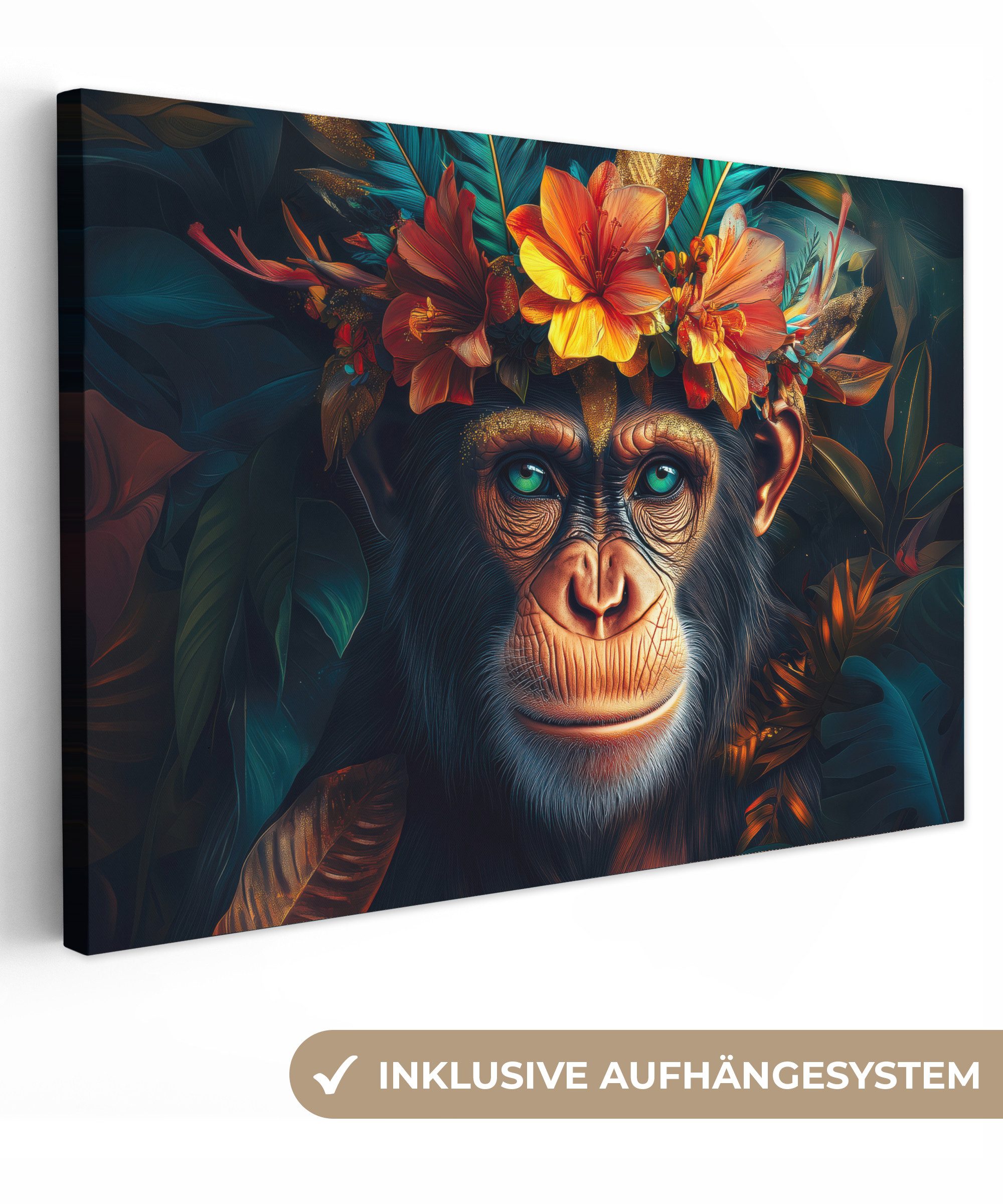 OneMillionCanvasses® Leinwandbild Schimpanse - Affe - Dschungel - Blumen - günstig online kaufen