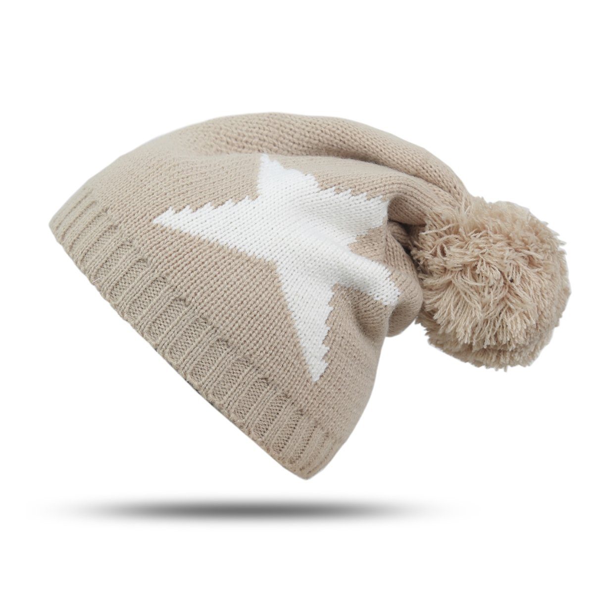 Sonia Originelli Strickmütze Bommelmütze "Stern" Winter Strickmütze Uni Ungefüttert, Onesize beige