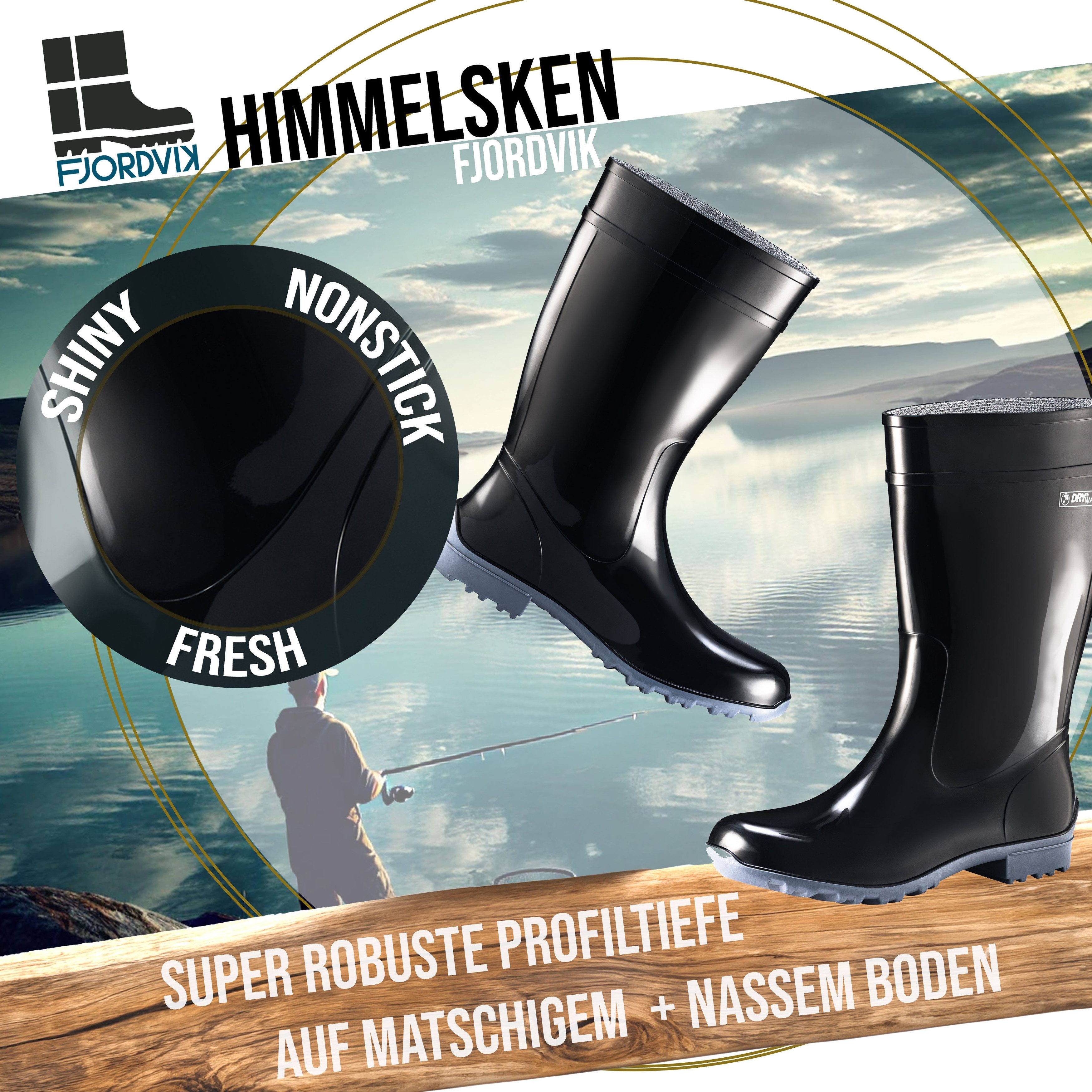 Fjordvik Himmelsken Outdoorstiefel Glänzendes Finish 42 Schwarz Gummistiefel Perfekt für die Stadt Spaziergänge Gassigehen