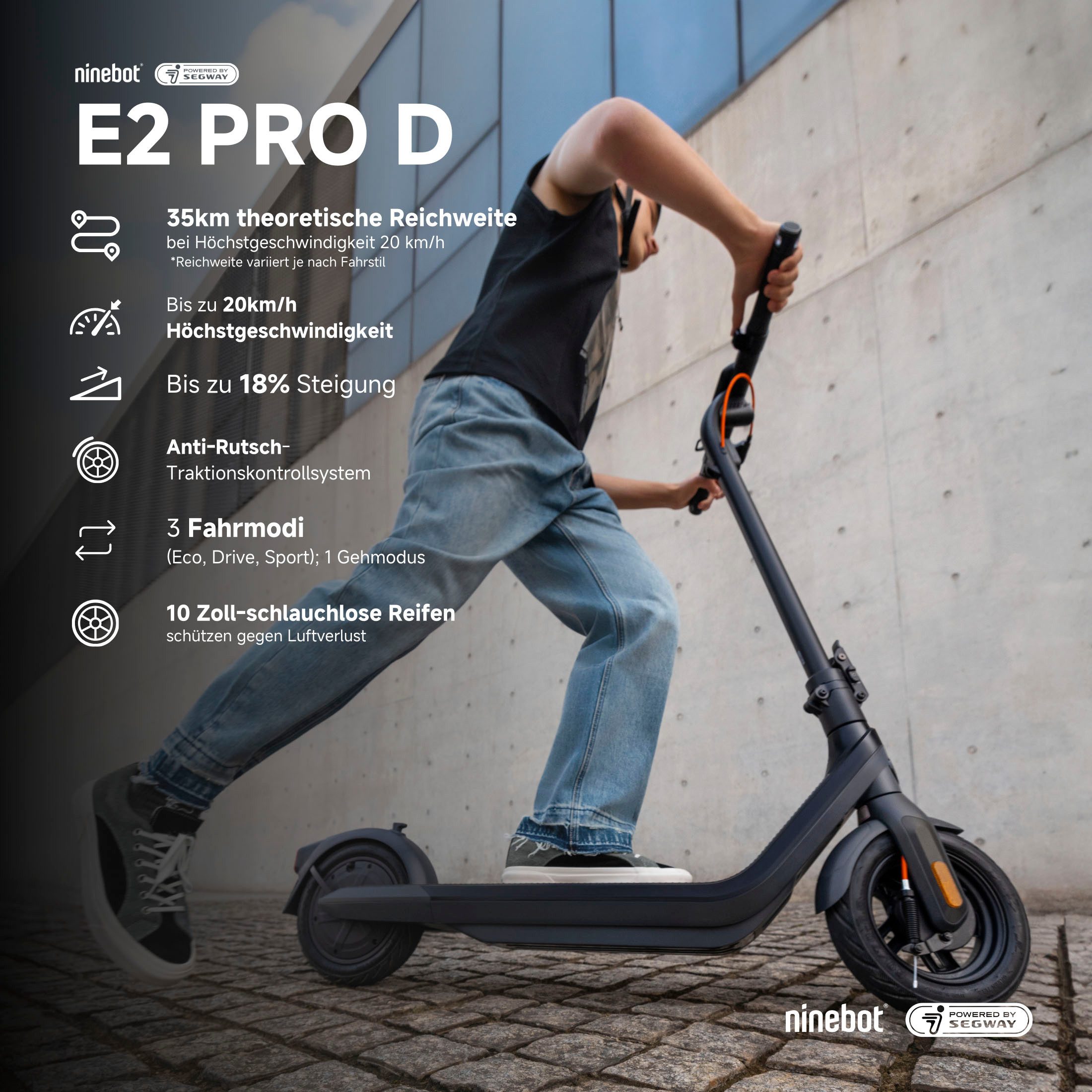Segway E-Scooter KickScooter E2 PRO D, 20 km/h, Ninebot E-Scooter, mit Straßenzulassung, bis zu 35 km Reichweite
