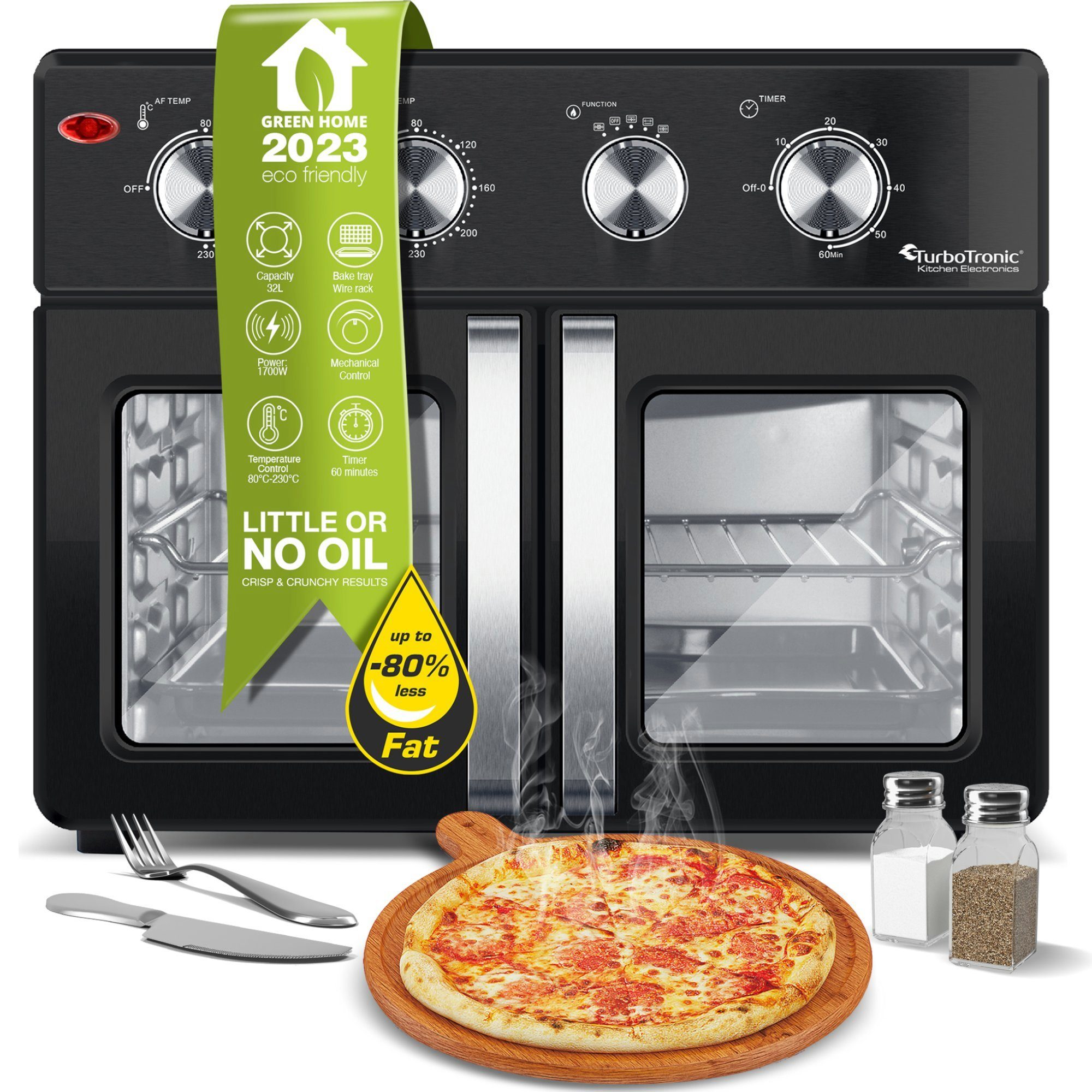 TurboTronic by Z-Line Minibackofen 4in1 Heißluftofen Heißluftfritteuse XXL Version 32L inkl. Drehspieß, & viel Zubehör Backblech, Dörrgerät ab 25°C & Grill, Airfryer schwarz
